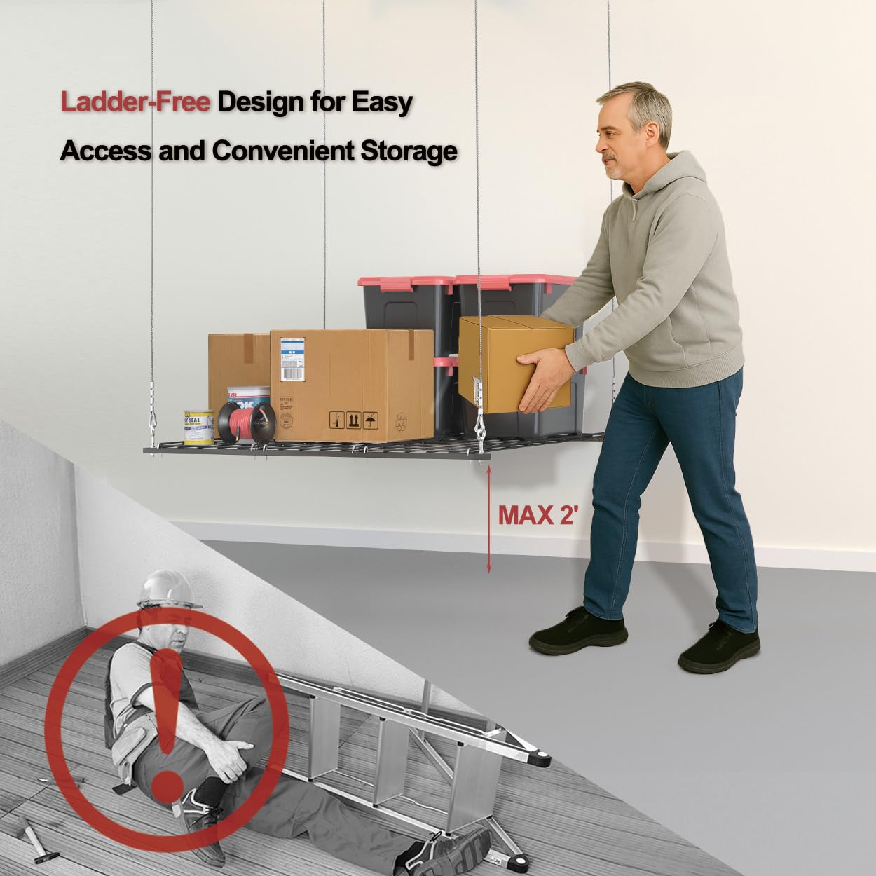 Overhead Garage Storage Rack for 10–12 FT Ceiling, Heavy-duty 4x4 FT Ceiling Storage Racks with Safety Lock, Ideal for Garage Storage Mounted Lift System and Storage Organizer, 250lbs Capacity