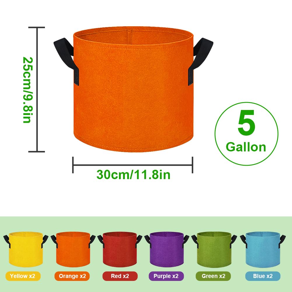 kuchisity 5 Gallon Grow Bags, 12 Pack Multicolor Fabric Plant Pot Bag with Handles Plant Grow Bags for Flowers, Fruits and Vegetables ﻿(Blue+Green+Yellow+Orange+Red+Purple)