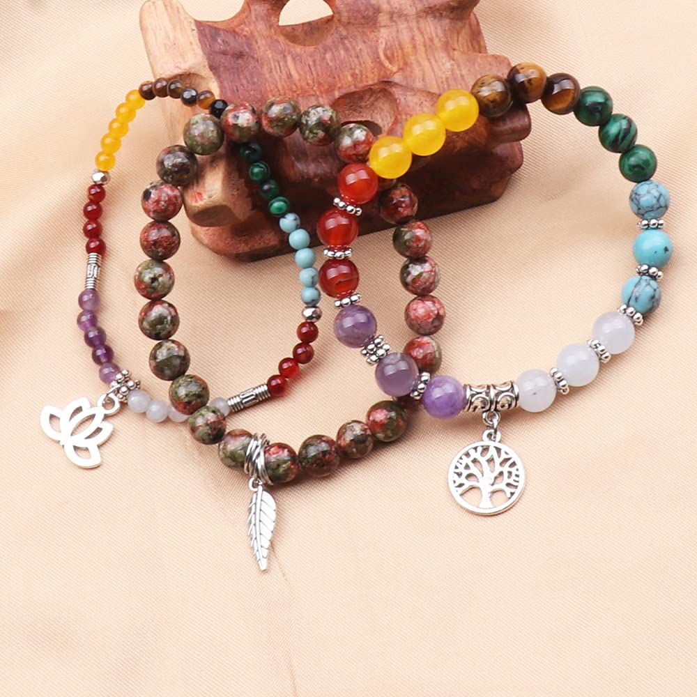 UEUC Gemstone Chakra Bracelets for Women, Multilayer Tree of Life Lotus Crystal Healing Stone Bracelet Sets, Yoga Meditation Reiki Relax Bracelets for Stress Relief(#138)
