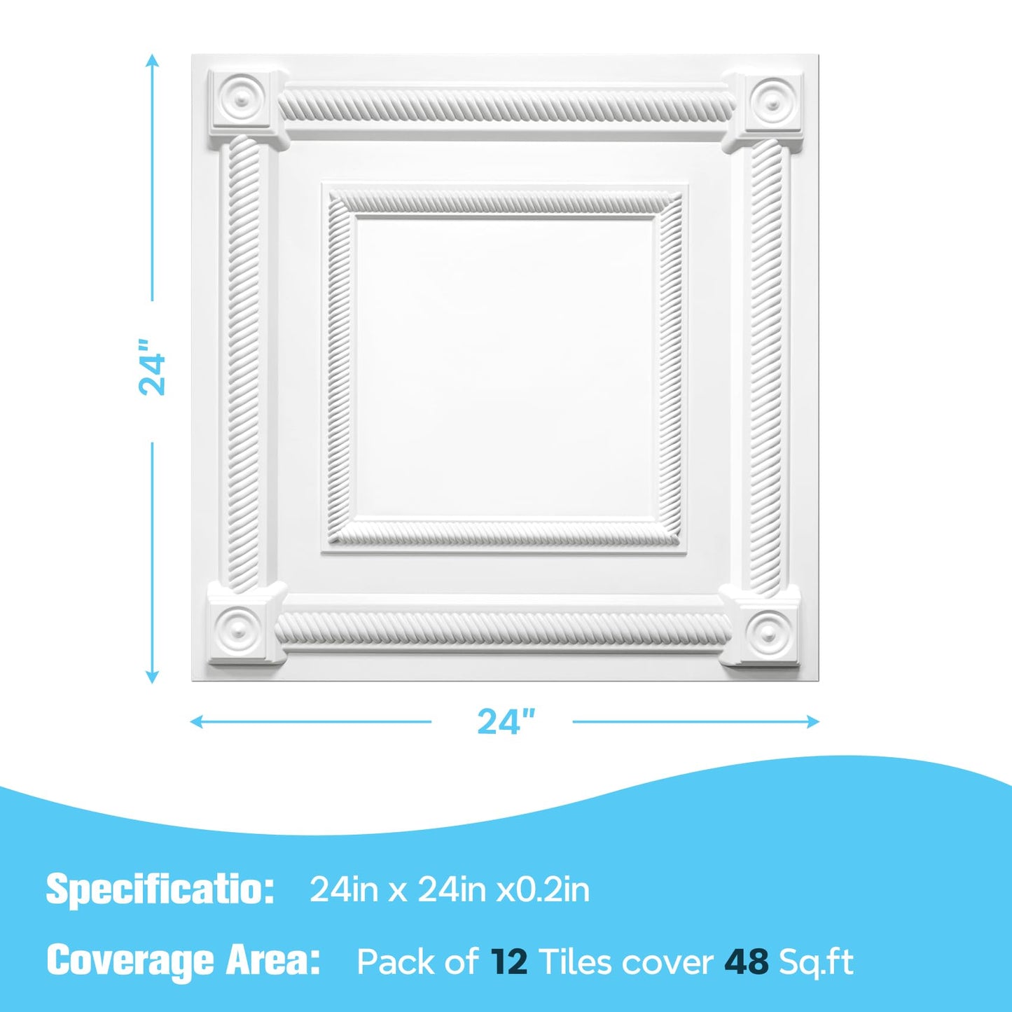 LEVOWAY 12-Pack PVC Drop Ceiling Tiles, 24 x 24in White 2'x2' Glue Up Ceiling Panel Cover 48 Sq.Ft