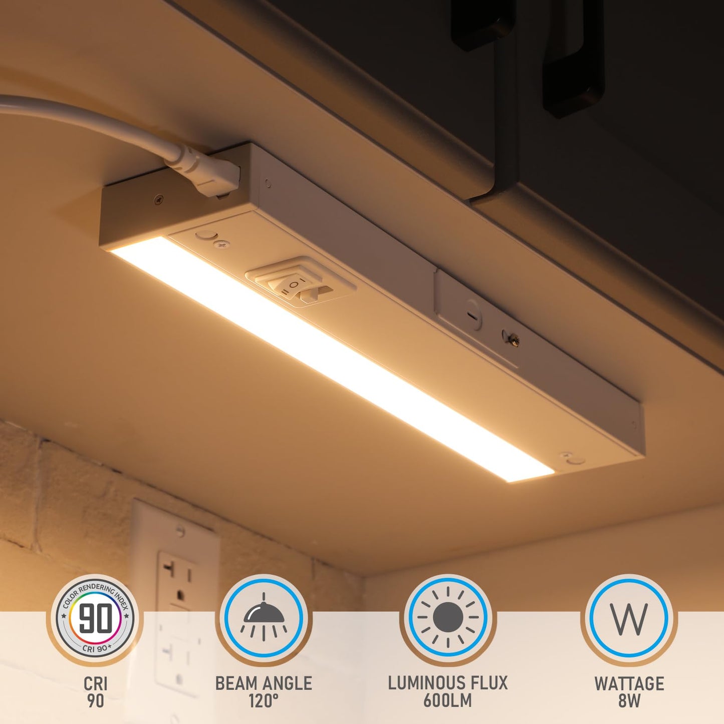 TORCHSTAR 12 Inch LED Under Cabinet Lighting 5CCT, ETL T24, 8W 600LM, Hardwired & Plug-in, 5 Color Selectable CRI90 120V Dimmable Under Counter Lights for Kitchen, White Aluminum Housing, 4 Pack
