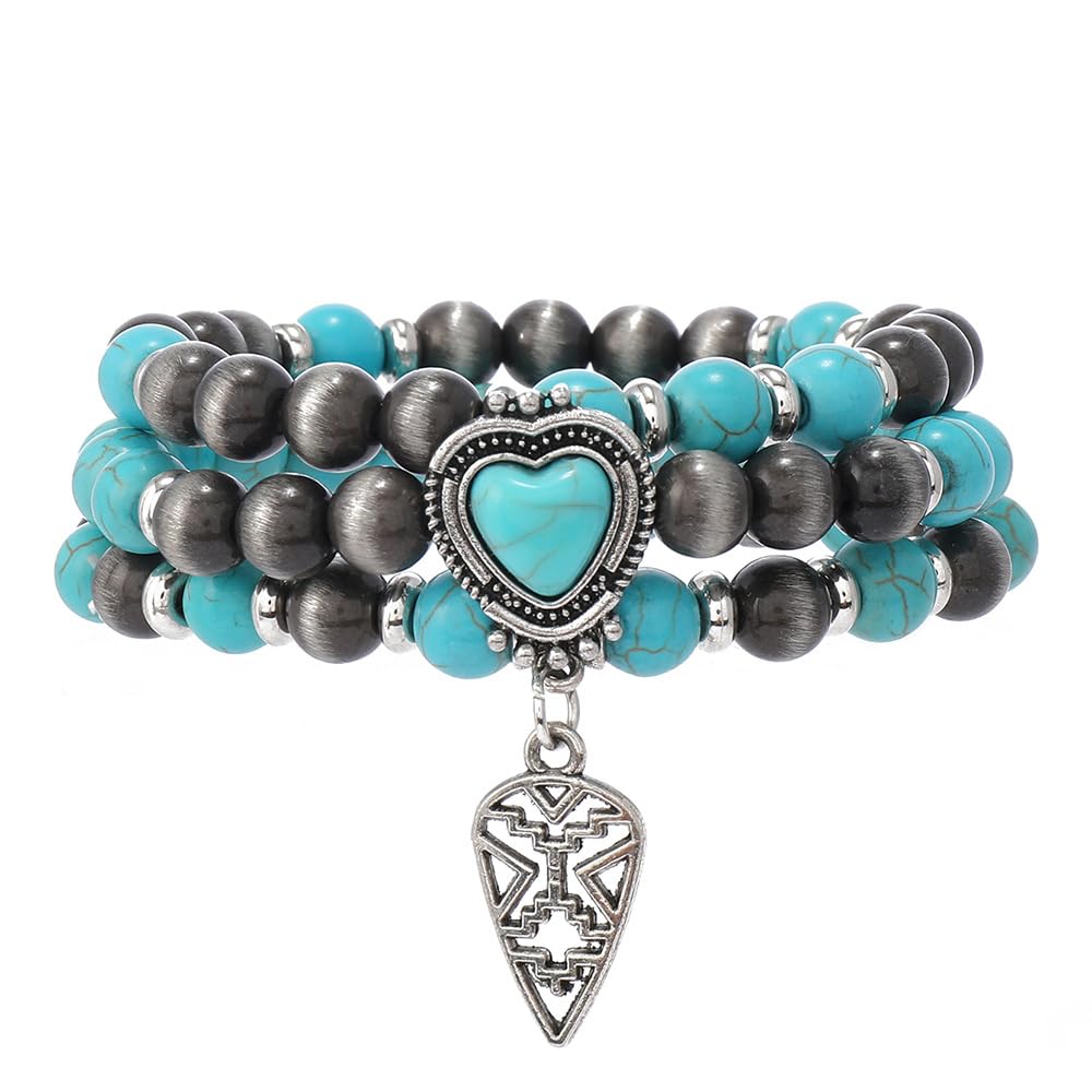 Meztole Turquoise Western Cowgirl Bracelets for Women Handmade Stackable Turquoise Beaded Stretch Bracelet Vintage Rodeo Western Jewelry Set Country Cowboy Outfit Accessories (3)