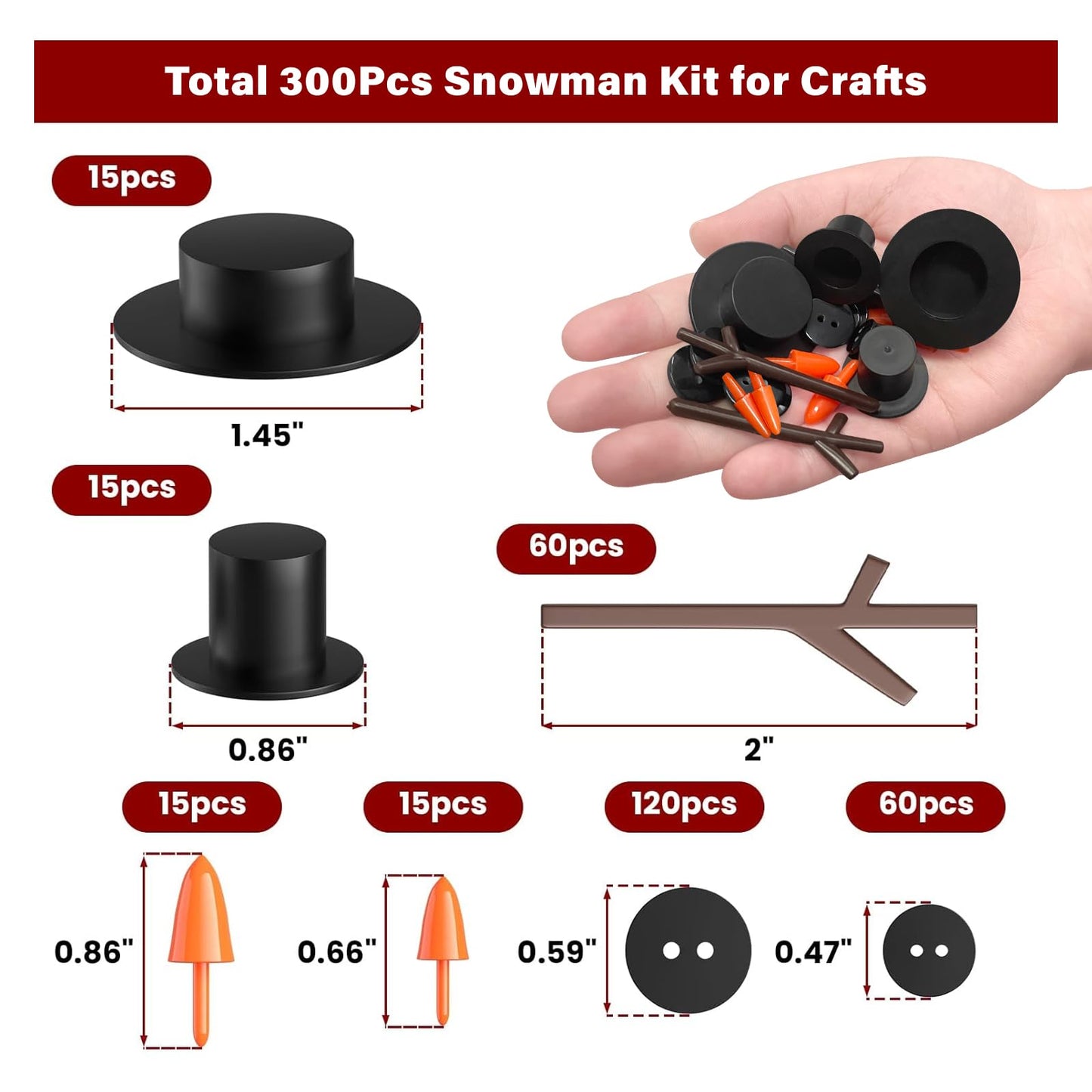 Outivity 300 Pcs Snowman Crafts DIY Kits for Winter Kids, Classroom & Group Craft Supplies, Includes 30 Mini Black Top Hats, 180 Snowman Craft Buttons, 30 Carrot Noses and 60 Hands