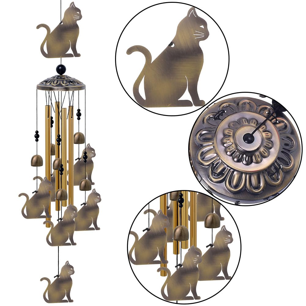 Garden Cat Wind Chimes Outdoor Indoor Decor - with 4 Tubes 7 Cats Wind Chime, Mobile Romantic Cats Wind Catcher, Bronze Cats Wind Bells for Home, Mom Gifts, Balcony, Tree, Festival, Garden Decoration