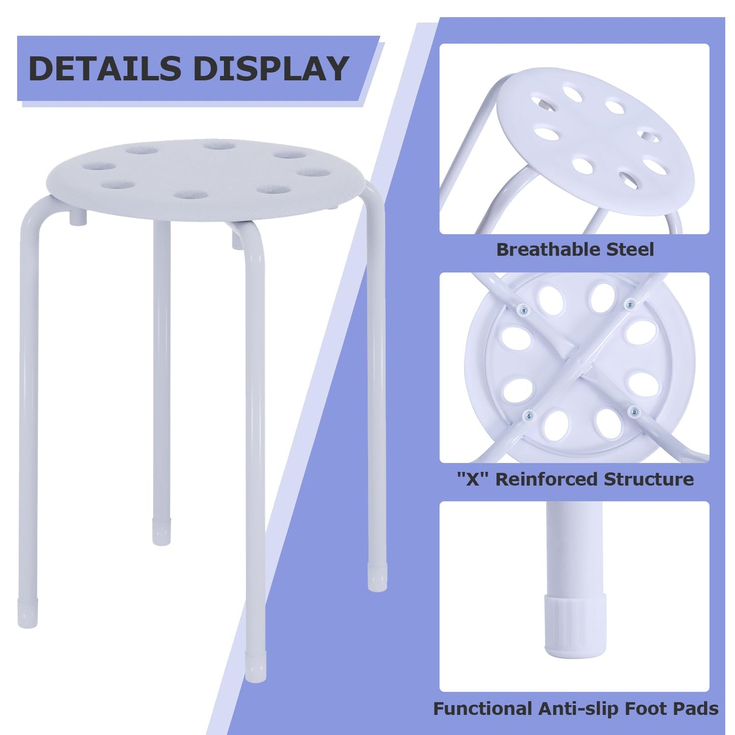 VECELO Stackable Stools Set of 6, 17.7 Inch Standard Height, Portable Plastic Colourful Decoration Stools for School Classroom and Office, No Assembly Required, White