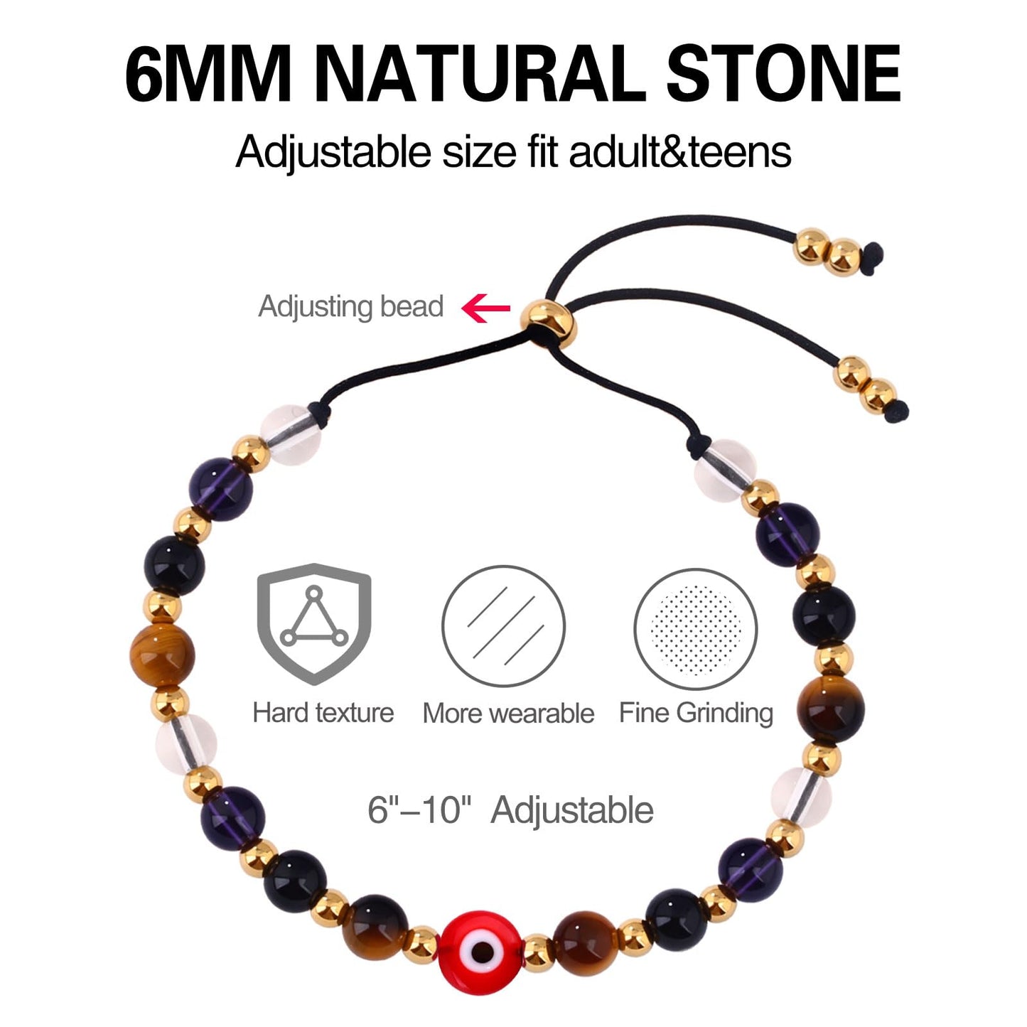 Cute Evil Eye Bracelet Red Black - Natural Crystal Protection Adjustable Spiritual Guardian Jewelry- 5 Healing Stones Clear Quartz Amethyst Black Tourmaline Tiger Eye Bracelet Adjustable (Red Eye-Black Rope)