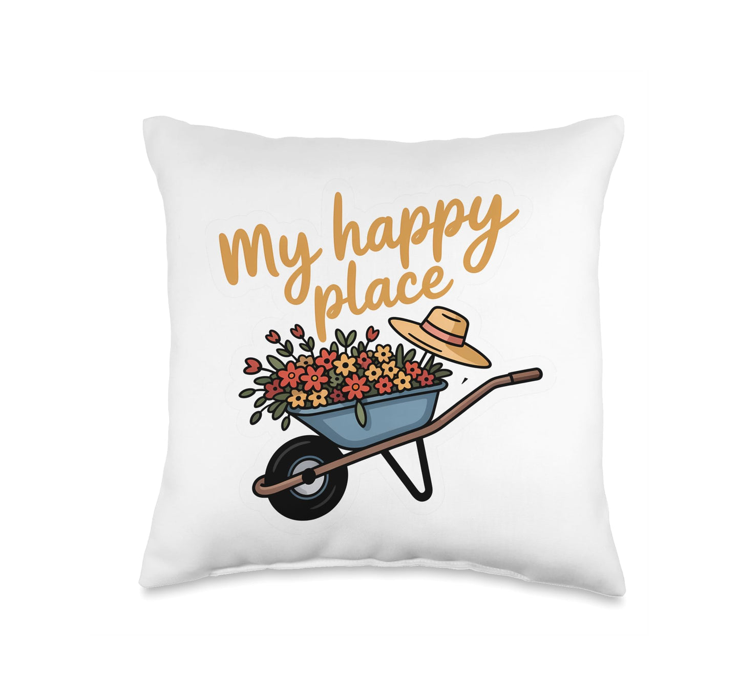 Cheerful Wheelbarrow Flowers Straw Hat Gardening Throw Pillow