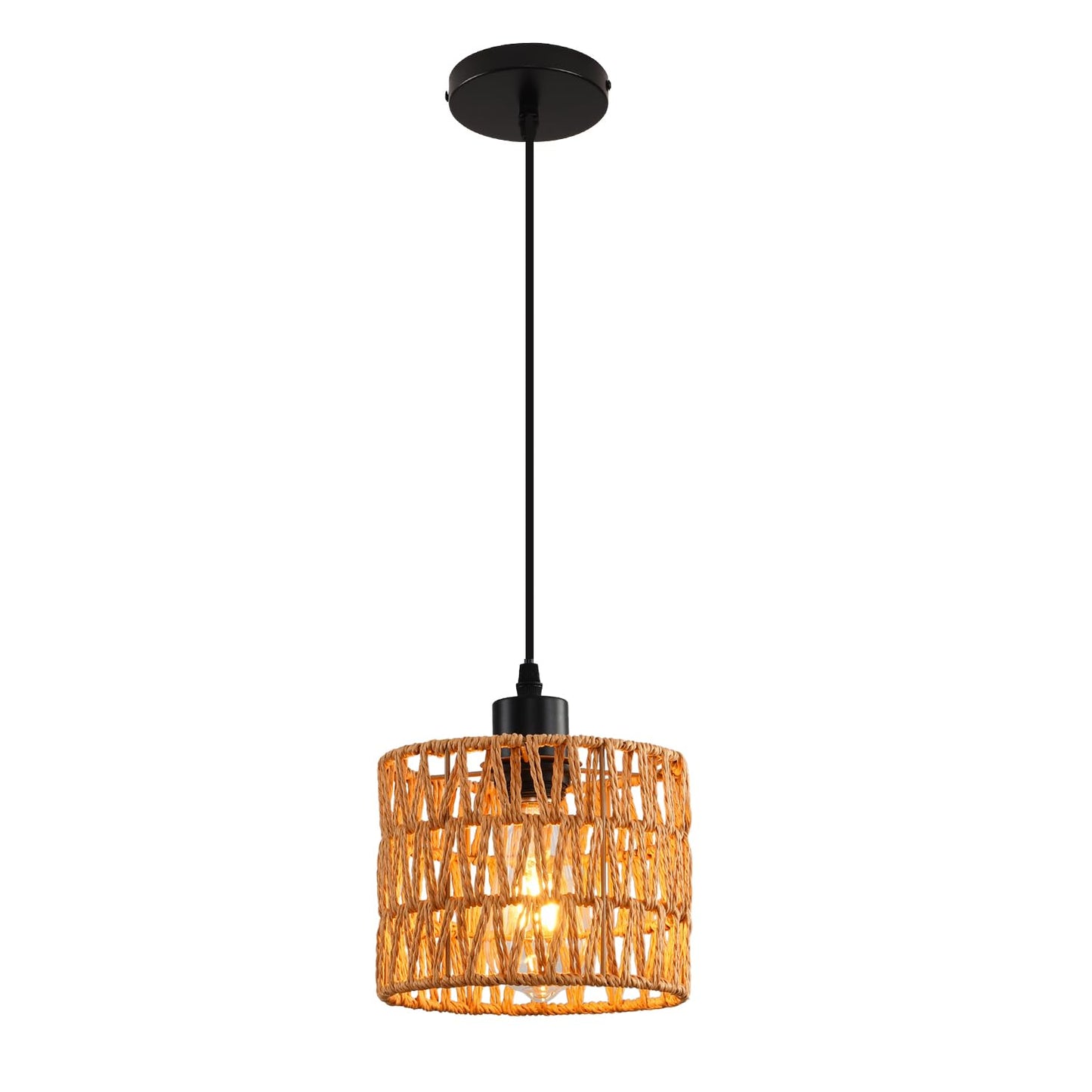 KENMI Woven Pendant Light Boho Chandelier, Rattan Pendant Lights Kitchen Island, Farmhouse Pendant Lighting with Hand Woven Wicker Shade, Boho Chandelier Light Fixtures Ceiling Hanging Light