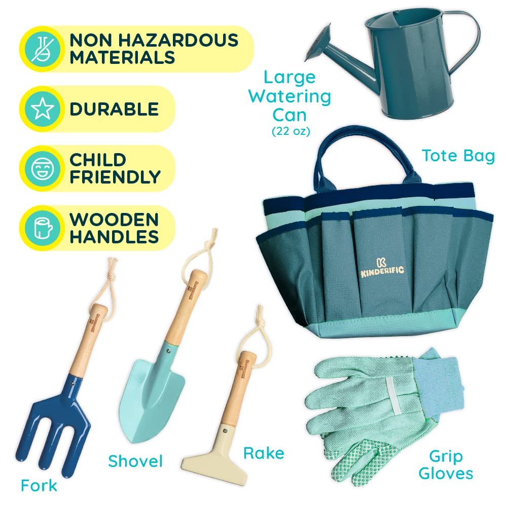 Kinderific Gardening Set, Tool Kit, for Kids, STEM, Includes Tote Bag, Spade, Watering Can, Rake, Fork, Trowel and Gloves (Ocean Blue)
