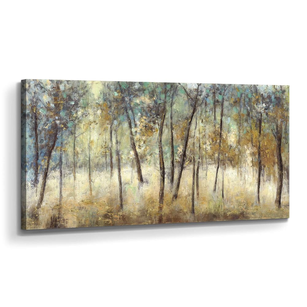 Tree Wall Art Canvas Painting: Forest Hand Painted Picture Abstract Nature Landscape Artwork Decor Modern Large Textured Print for Dining Room Bedroom Home Office