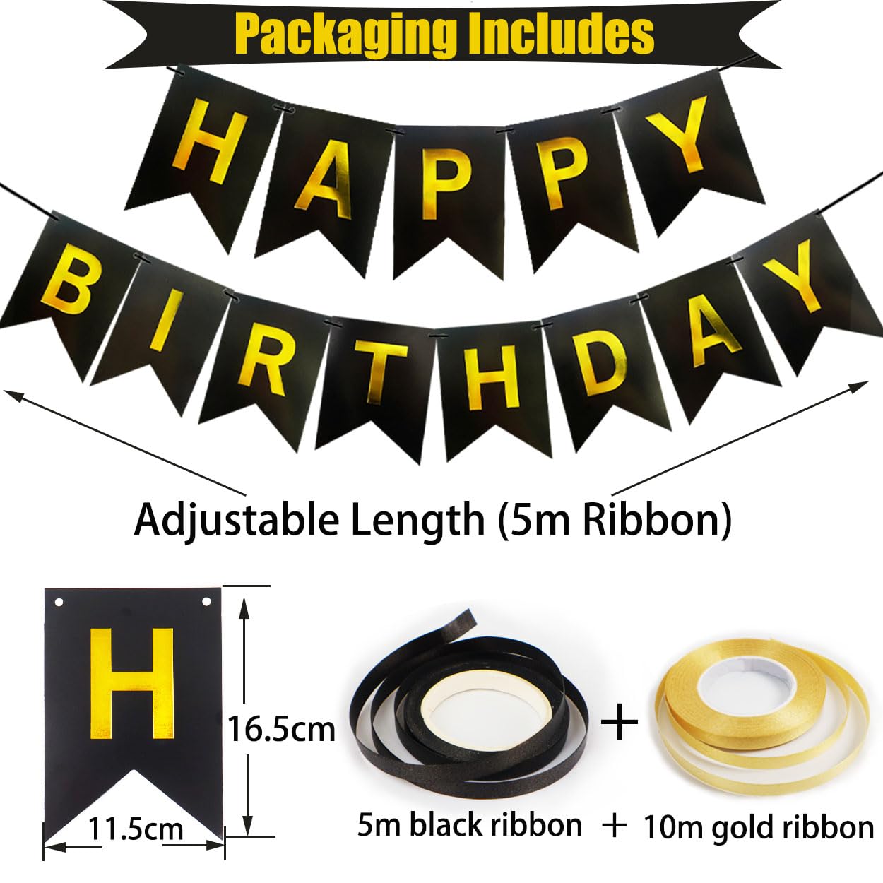 Happy Birthday Banner, Black Gold Birthday Decoration, 16 Pcs 12in Balloons with 2 Ribbons for Men Women Girls and Boys Party Decoration