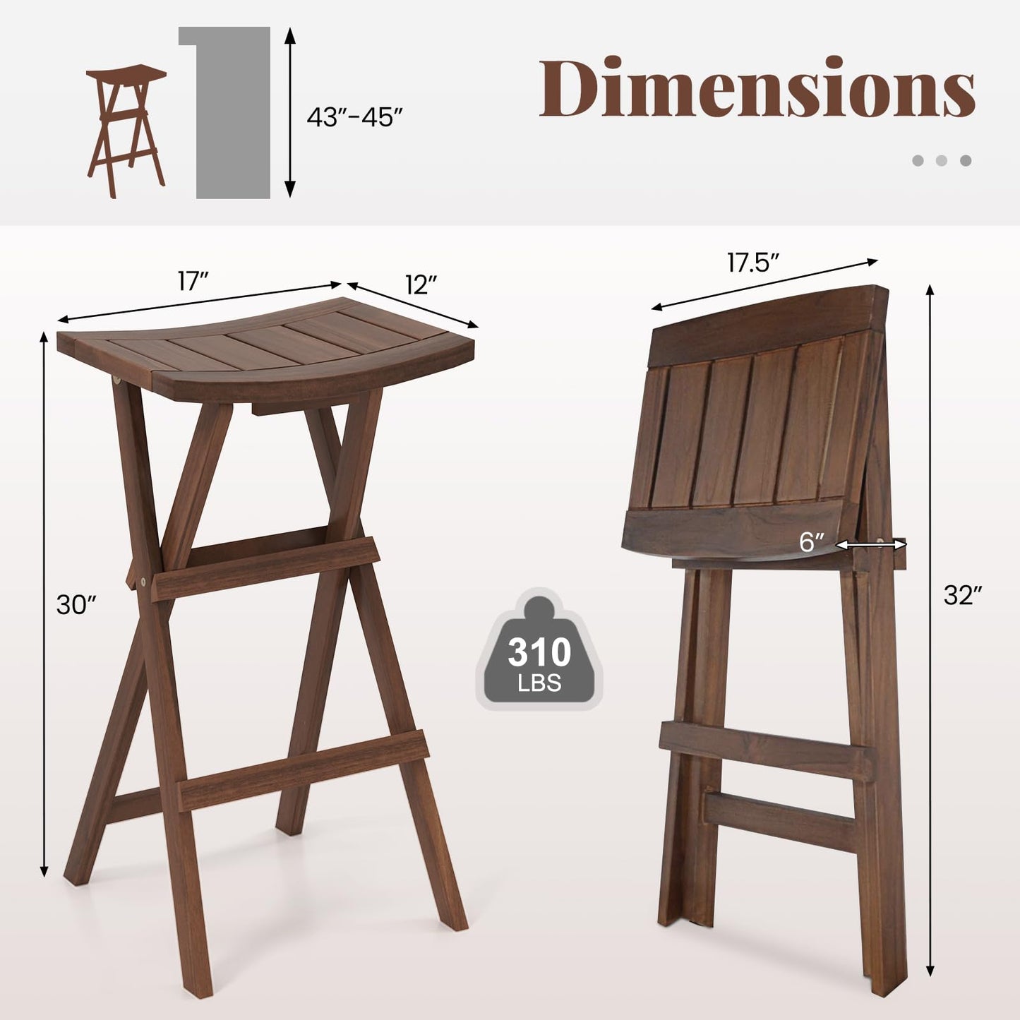 COSTWAY Folding Wooden Bar Stools Set of 2, 30-inch Height Backless Saddle Stools with Footrest, Foldable Chairs for Kitchen Island, Counter, Patio, Indoor & Outdoor, No Assembly Required, Teak