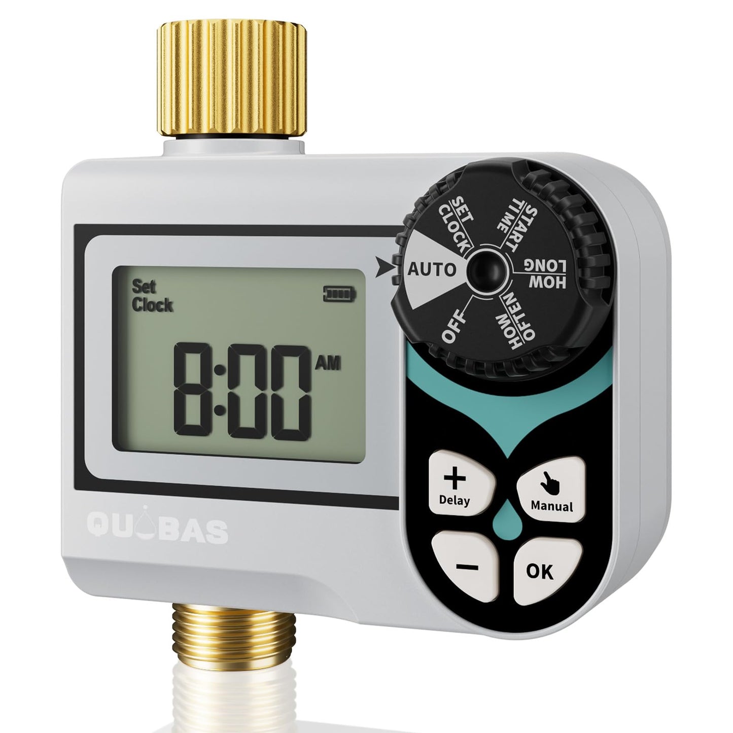 QUOBAS Zero Pressure Water Timer, Programmable Sprinkler Timer for Garden Hose Faucet with Brass Ports, Rain Delay/Manual/Automatic Irrigation System, Low Pressure Watering Compatible Rain Barrel