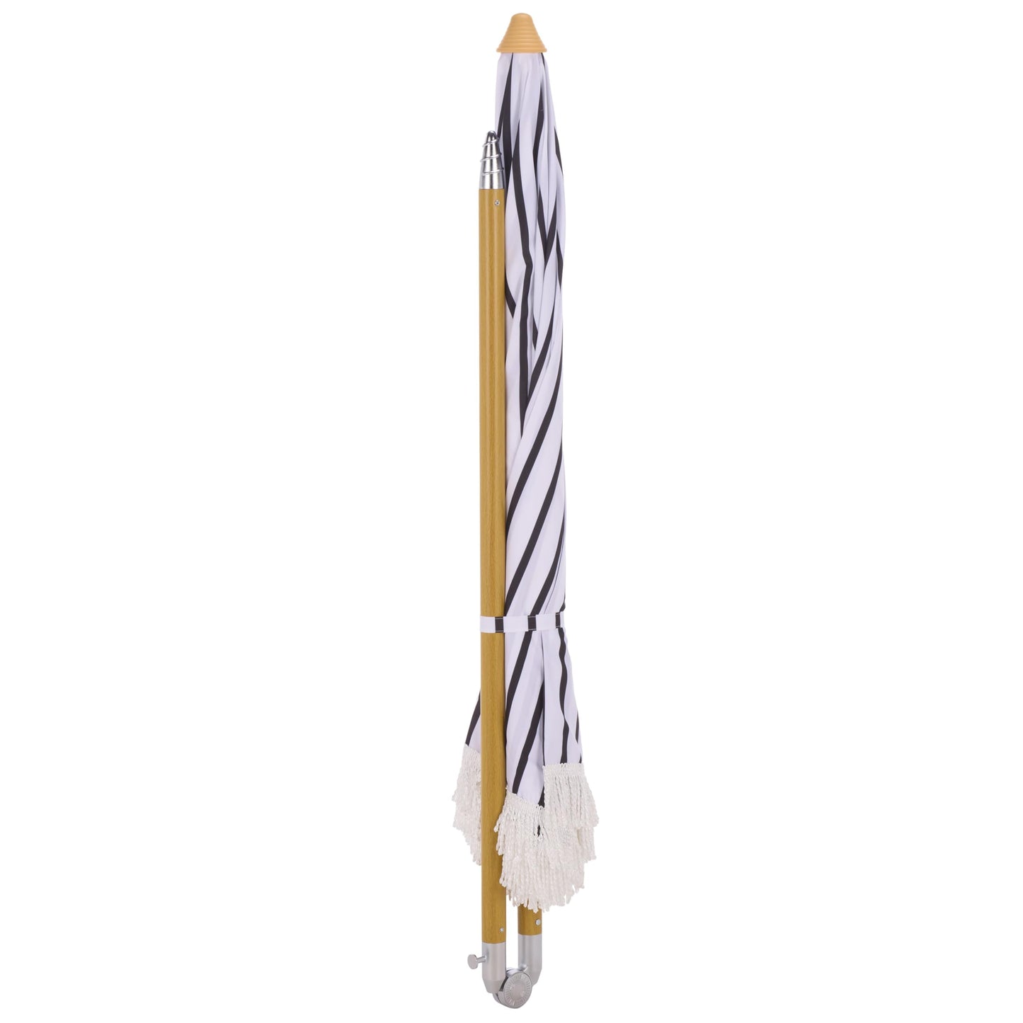 SAFAVIEH Outdoor - Bella 6.5 FT Beach Umbrella - Black Striped Canopy with White Fringe Trim, Tilt Function, Aluminum Pole with Wood Grain Finish, Weather Resistant for Beach, Patio, Garden (PAT8504A)