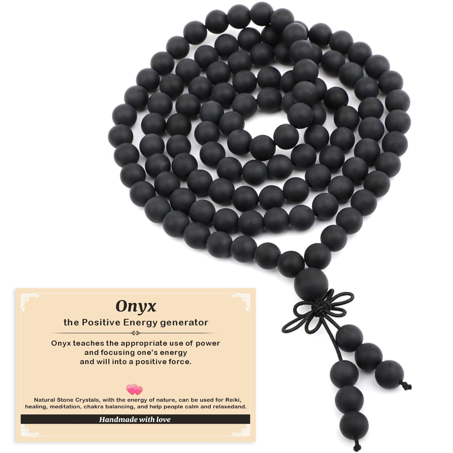 AD Beads 8mm 108 Prayer Mala Matte Onyx Elastic Bracelet - Peace and Tranquility - Handmade Yoga Meditation Healing Power Energy Gifts for Unisex Adult.