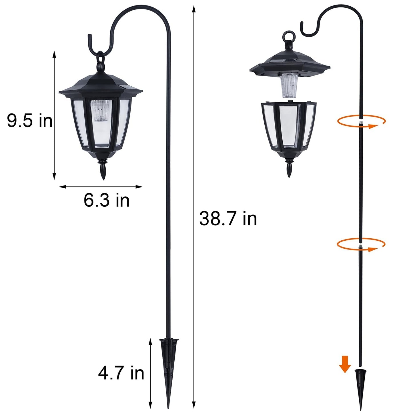 Dynaming 6 Pack Solar Hanging Lights Outdoor, Solar Powered Garden Decorative Lanterns with 6 x 38 Inch Shepherd Hooks, Waterproof Landscape Lighting for Lawn Patio Yard Pathway Driveway, Warm White