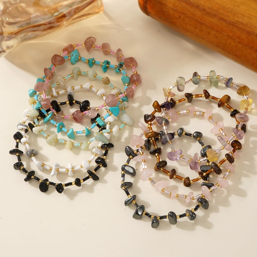 SHINUS BOHO Healing Natural Crystal Beaded Stretch Bracelet for Women,Handmade Boho Irregular Turquoise Energy Stones Attention Courage Bracelet Summer Beach Fashion Jewelry Gift Friendship