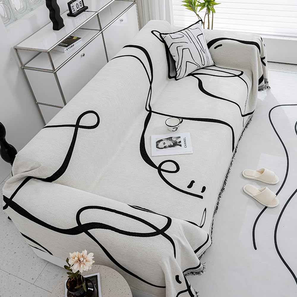 ERICSF Black and White Double-Sided can Cover Chenille Sofa Towel Full Covers Cloth Four Seasons Universal Models Straight Row a Piece of Non-Slip Sets Cover (71 * 118 inch)