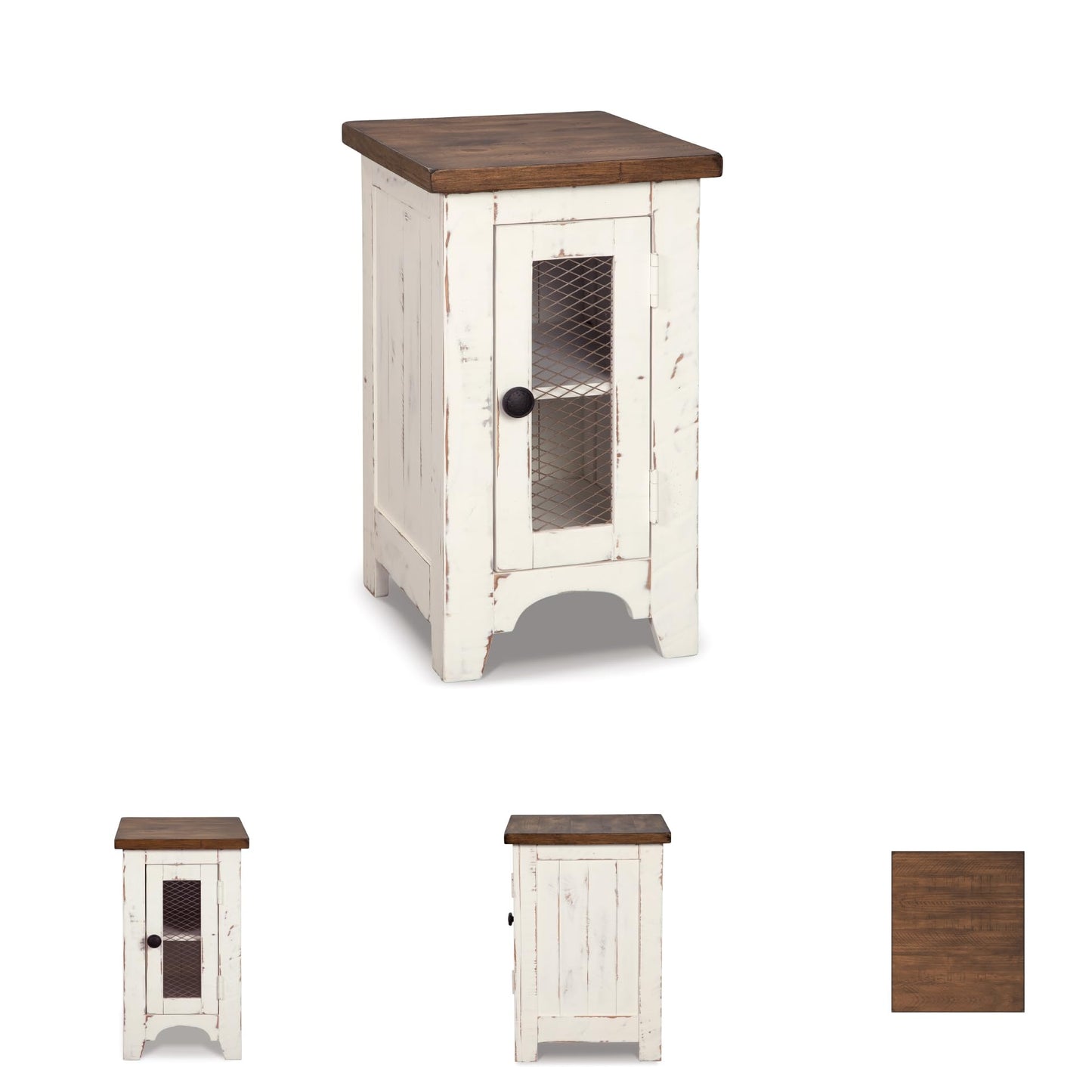 Signature Design by Ashley Wystfield Farmhouse Chair Side End Table with Cabinet Door for Storage, White & Brown with Distressed Finish