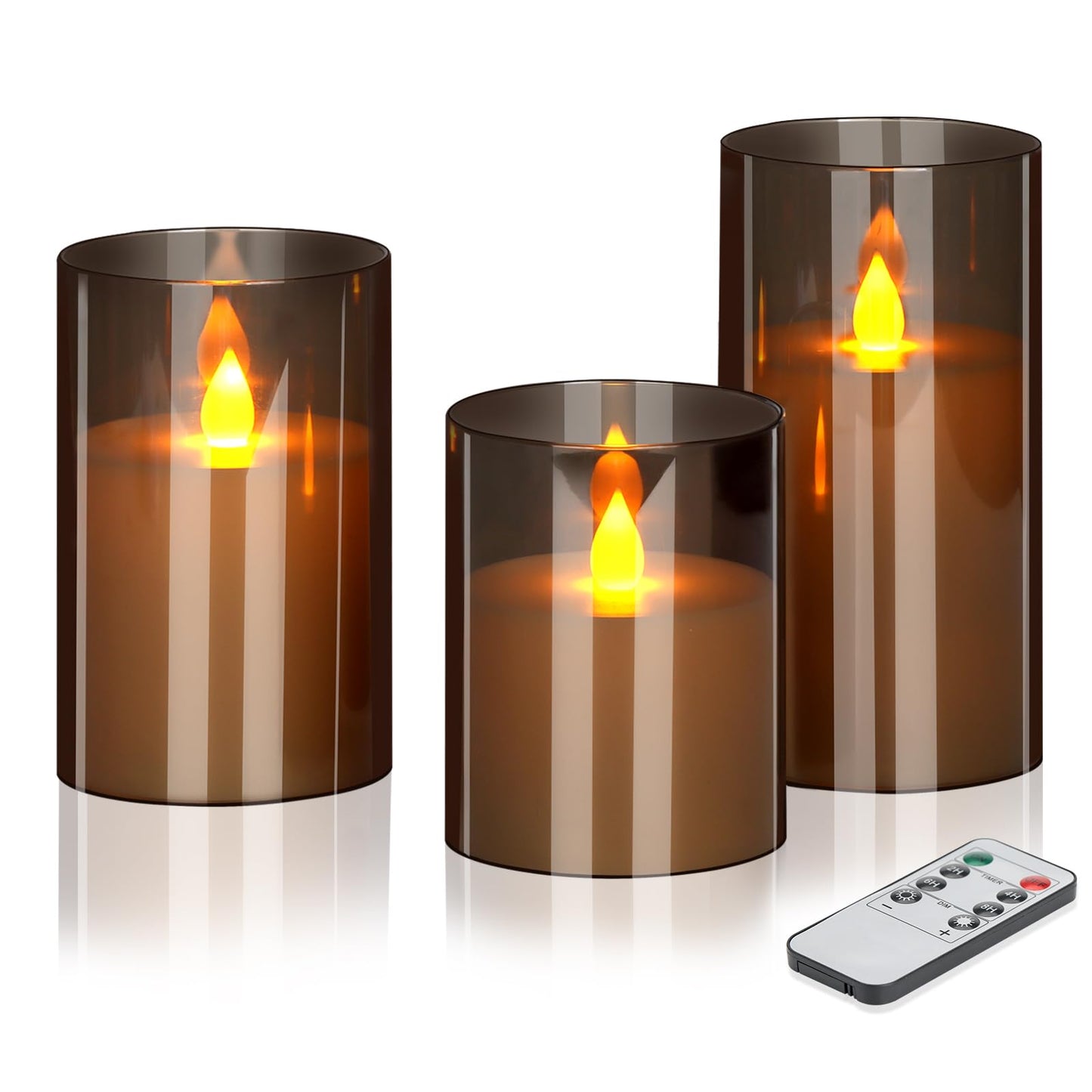 wemarry Flameless Candles 4" 5" 6" Acrylic Glass Pillars 3" Diameter Battery Operated Flickering Candles Include 8-Key Remote with Timer Function 400+ Hours (Gray, Warm Light 3 Pack)