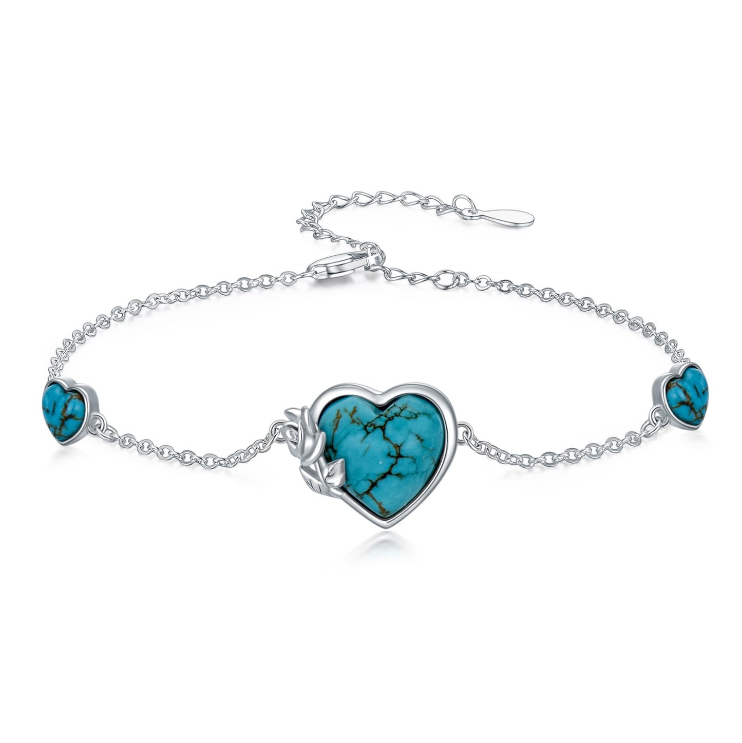 BETHZA Turquoise Rose Bracelet 925 Sterling Silver Real Heart Turquoise Gemstone Adjustable Bracelets Jewelry for Women