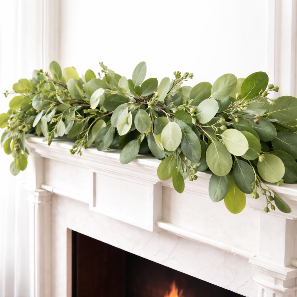 5.9ft Eucalyptus Garland with Seeded Leaves & Berries | Realistic Artificial Greenery Garland for Mantle, Wedding, Farmhouse, Christmas & Year-Round Décor | Faux Eucalyptus & Seeded Garland