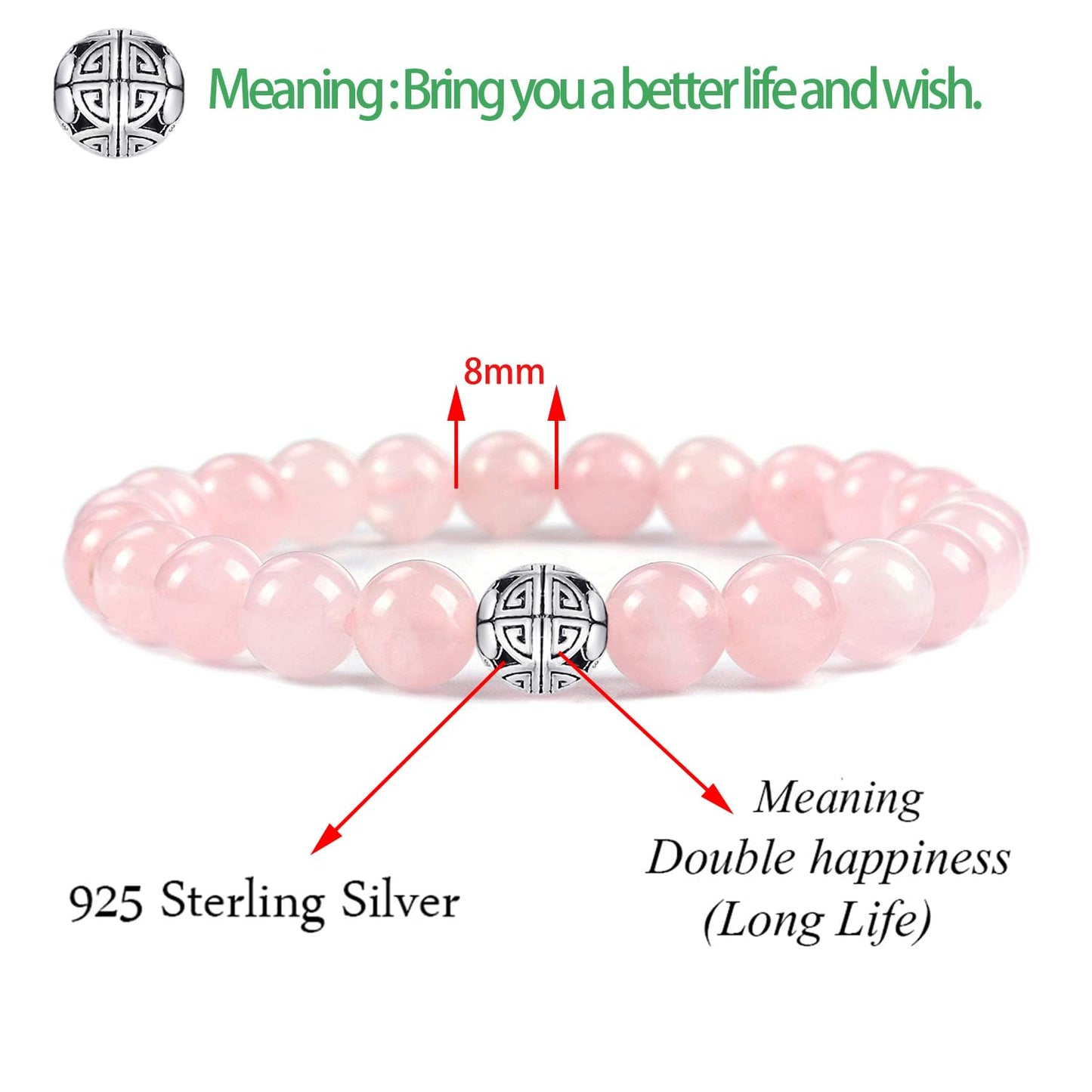 MetJakt Healing Crystals Beaded Bracelets for Womens Natural Gemstone 8mm Beads Stretch Bracelets with 925 Sterling Silver Double Happiness Pendant (Rose Quartz)
