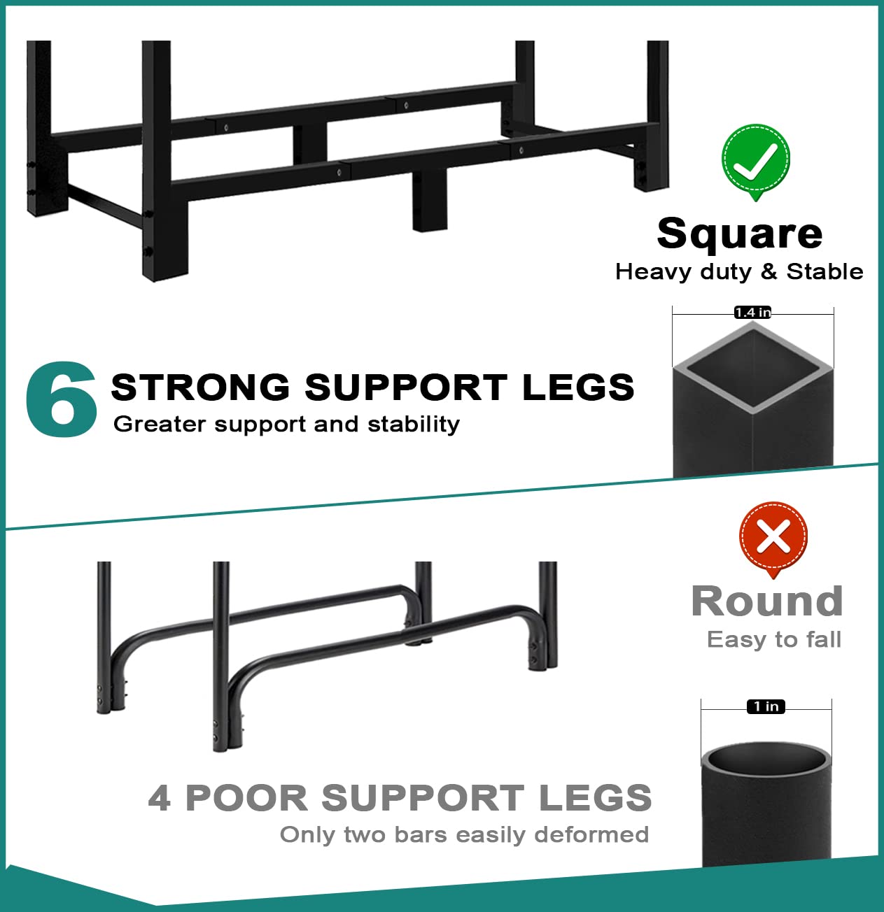Fandature 4Ft Firewood Rack Adjustable Fireplace Wood Holder for Outdoor Indoor Storage Log - Heavy Duty Fire Log Lumber Stand Stacker, Black
