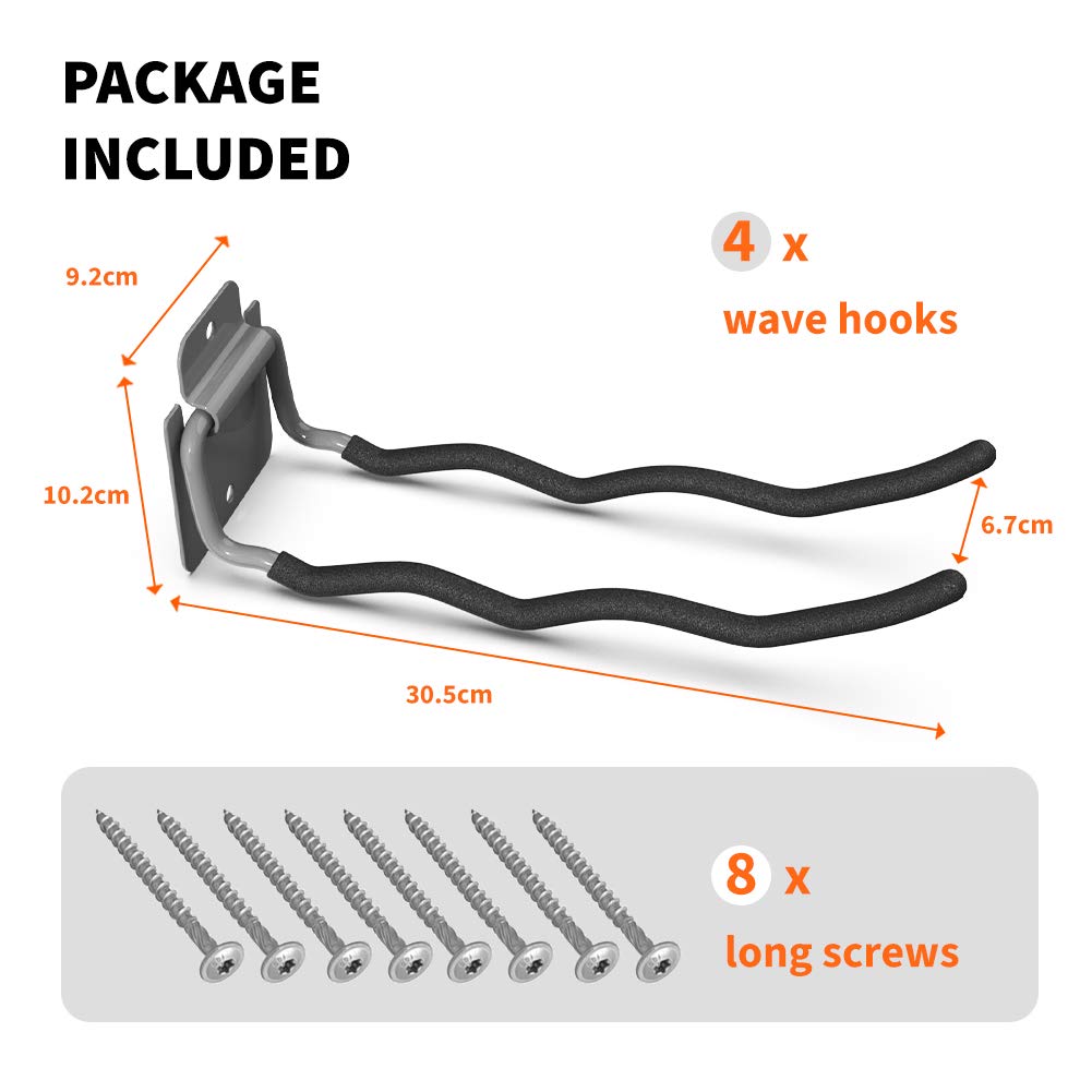 TORACK Garage Hooks Tool Organizer, 4 Pack Heavy Duty Steel 12" Wave Hooks, Wall Mount Garage Storage Utility Hook for Car Tires, Ladder, Chairs, Power Tools, Garden Tools