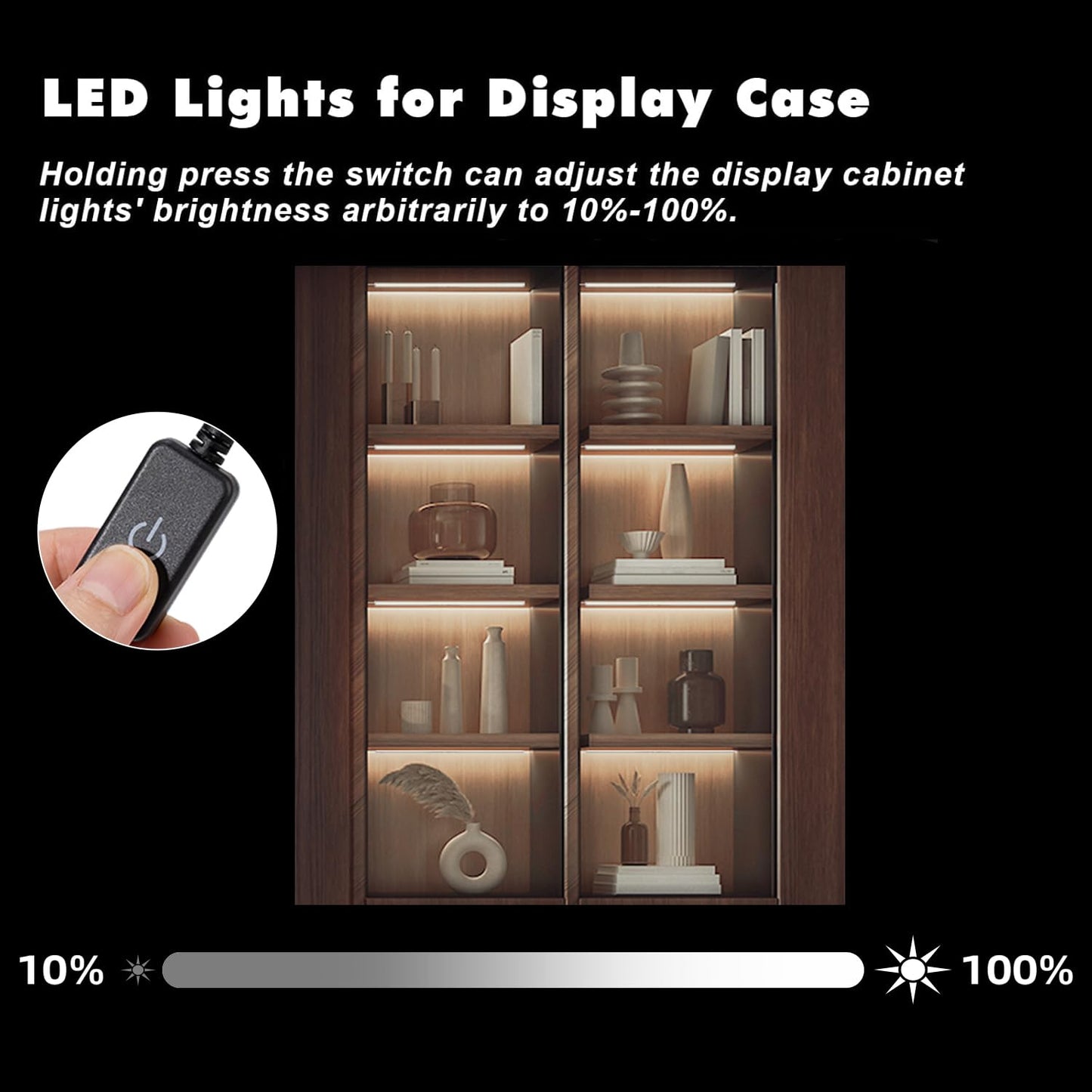 JUSJUBR Black LED Shelf Lights, Display Cabinet Lights with Memory Function, 4 Pack x12 Inch Display Lights for Shelves, LED Lights for Display Cases/Pantry/Closet, Natural White 4000K