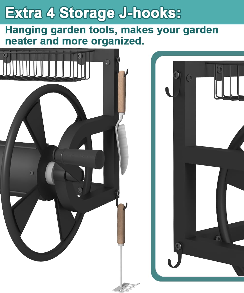 Artigarden Outdoor Wall Mounted Hose Reel with Hook, Garden Heavy-Duty Water Holder Winder with 3.9 ft Leader Hoses, Brass Fitting and Storage Basket for Yard, Holds 125 Ft of 5/8-Inch Hose, Black