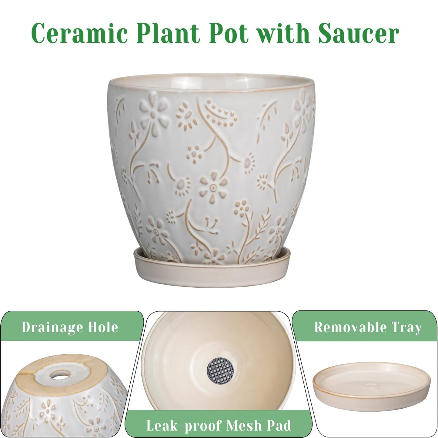 MPotTo 6 Inch Ceramic Plant Pot for Indoor Plants Outdoor Round Planter Flower Pot with Drainage Hole and Saucer for Home Garden Office Decor White