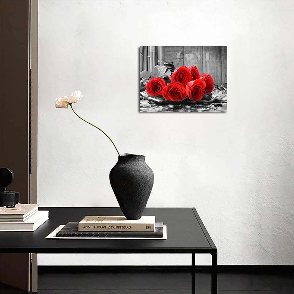 YMYXMC33 Red Rose Flower Picture Decor Wall Art Canvas Print Black and White Poster Country Love Decoration Bedroom Bathroom12x15