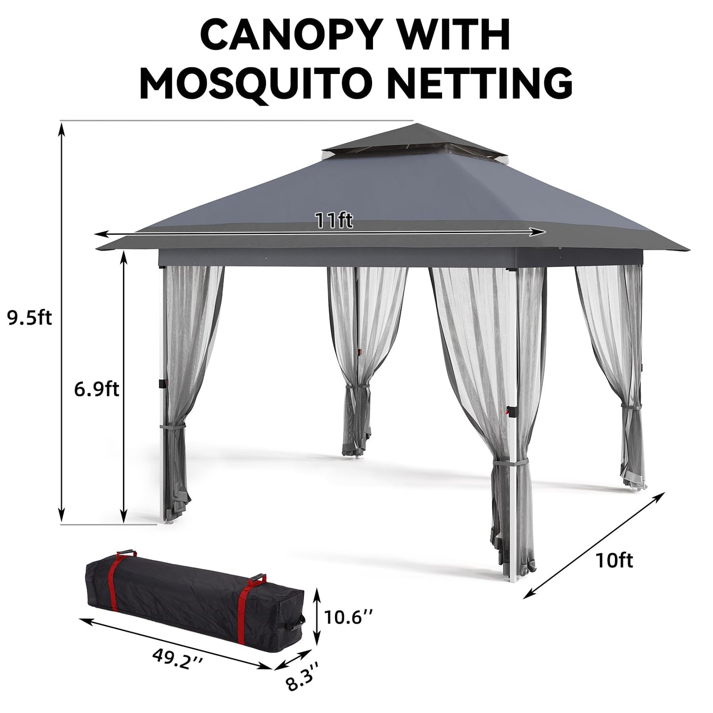 Garvee 11'x11' Gazebo Canopy Tent with Curtains, Pop Up Outdoor Shelter with Mosquito Netting for Patio, Backyard Party, 2-Tiered Vented Top, 121 Square Feet of Shade, Gray