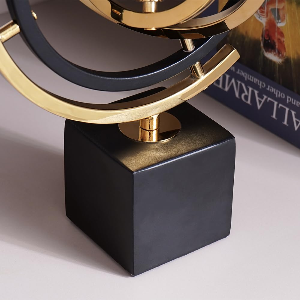 Homary Modern Abstract Art Decoration Metal Globe Ornament Sculpture Decor with Rectangle Stand Black & Gold
