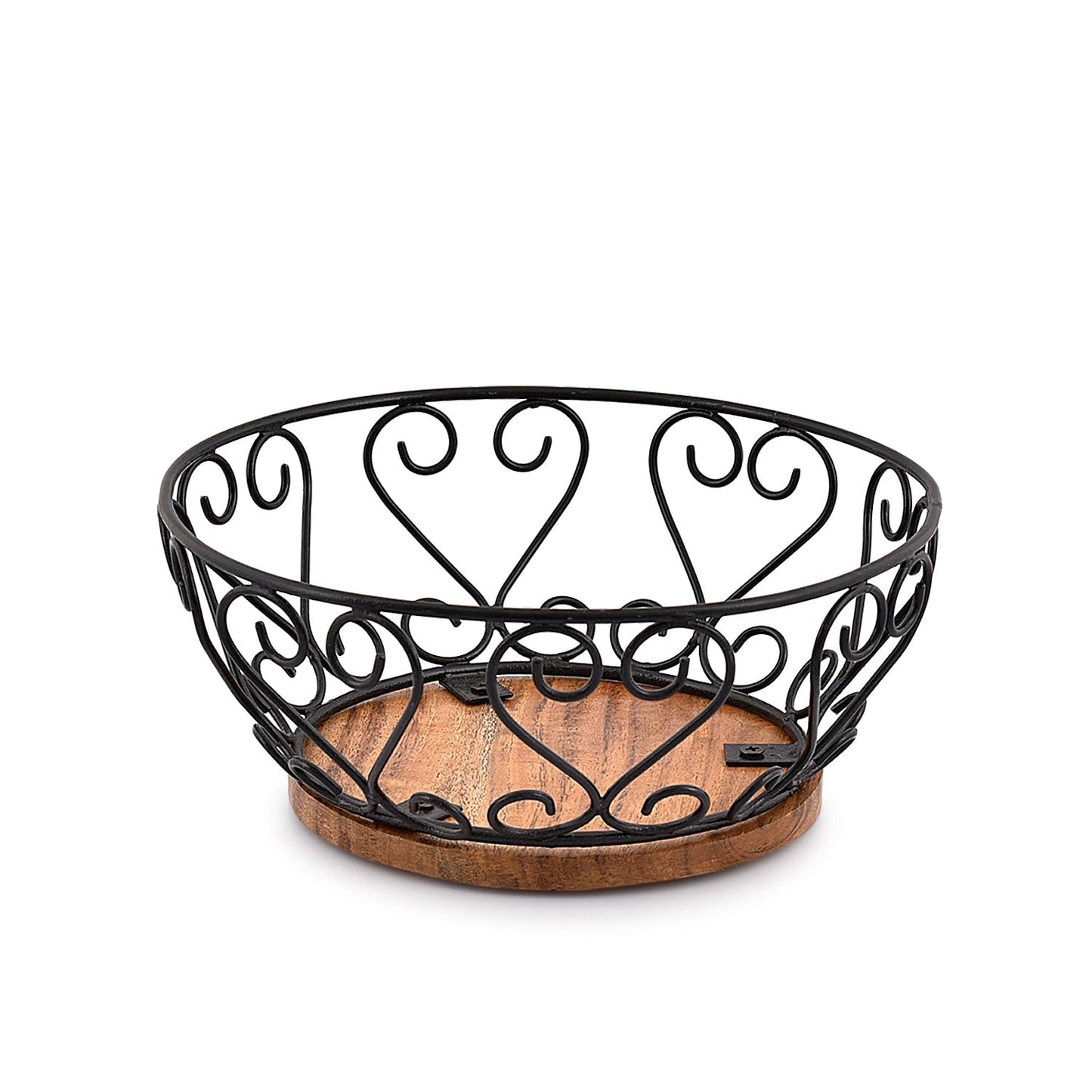 EDHAS Iron Fruit Bowl With Wooden Base for Kitchen Countertop & Dining Room and Pantries (9" x 9" x 4")