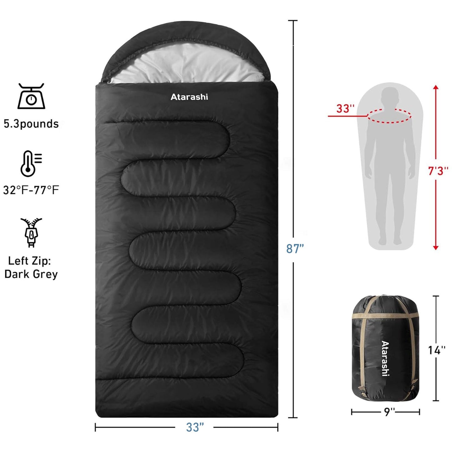 Atarashi 3-4 Season Sleeping Bag for Adults - Light Warm Extra-Large with Compression Sack- Great for Camping, Hiking, Backpacking & Outdoor Adventures