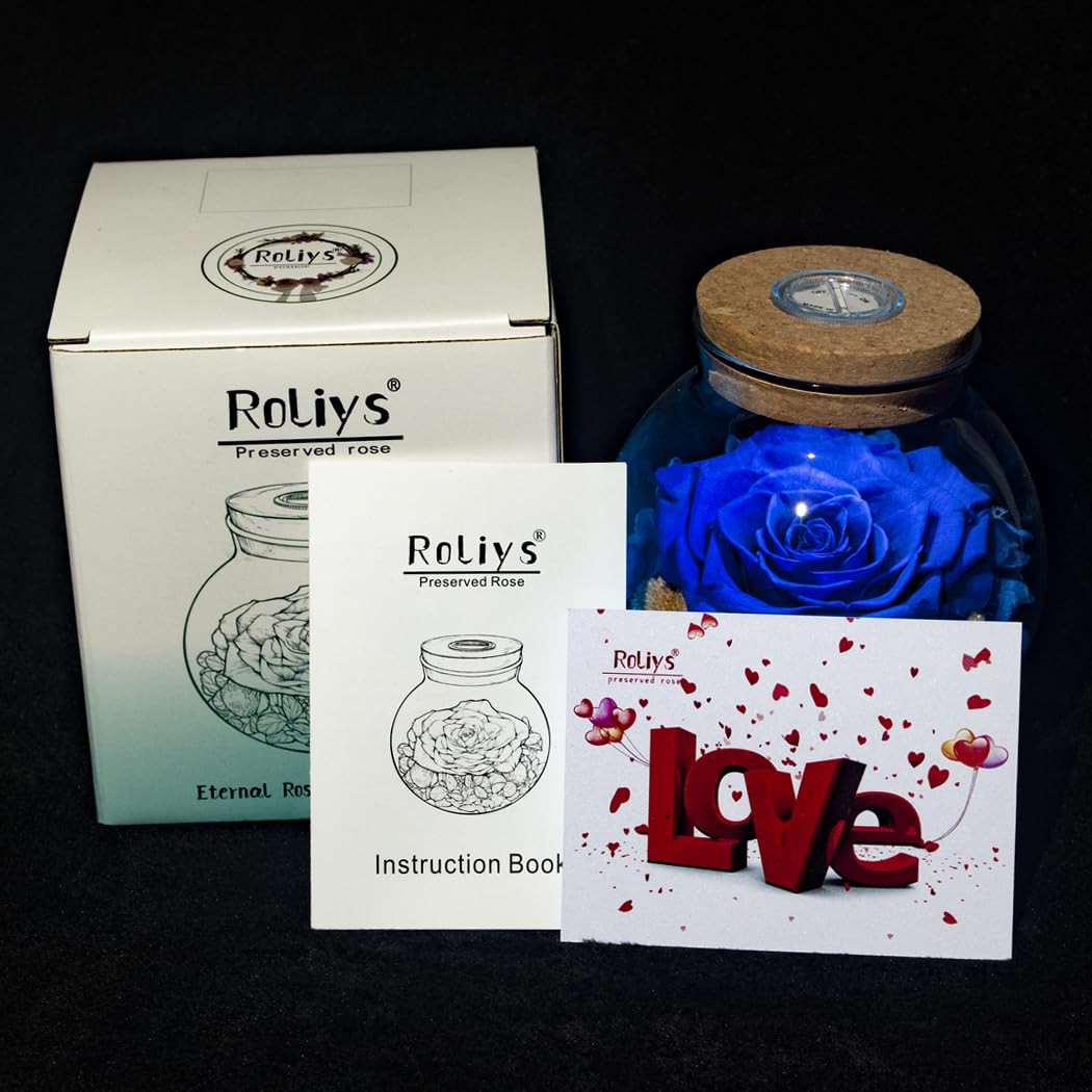 roliys Preserved Real Roses with Colorful Mood Light Wishing Bottle, Eternal Rose，Never Withered Flowers, Table Decor,Christmas Anniversary Valentine's, Blue 4.3inch, 1pcs