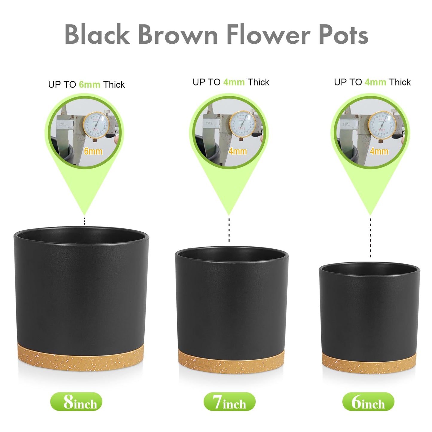 Meowell 8/7/6 inch Flower Pots, 3 Pack Cylinder Plant Pots for Outdoor Indoor Plants, Decorative Plastic Planters with Drainage Holes and Saucers for Garden House Plants, Black with Brown