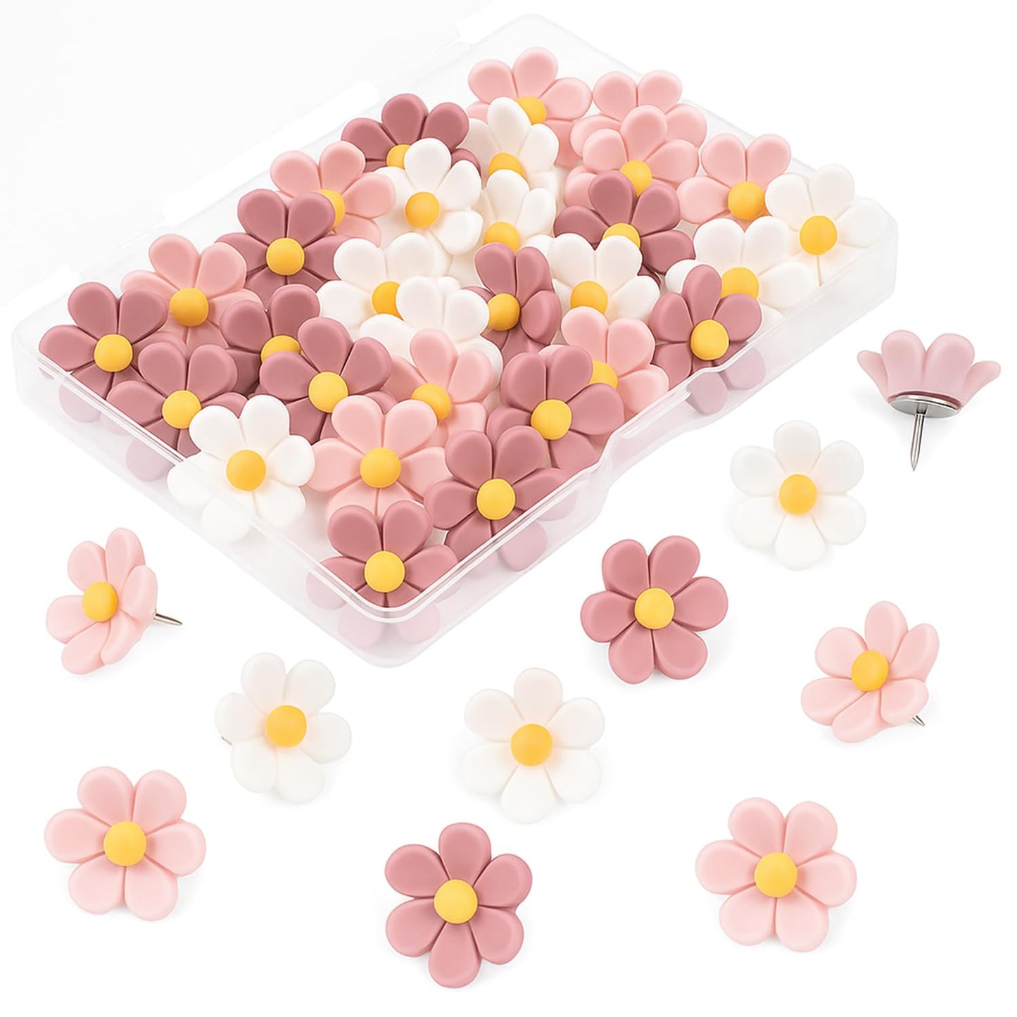 Cute Flower Push Pins, 30Pcs Aesthetic Thumb Tacks with Rust-Proof Metal Tips for Cork Bulletin Board, Photo Walls, Office & Home Decor