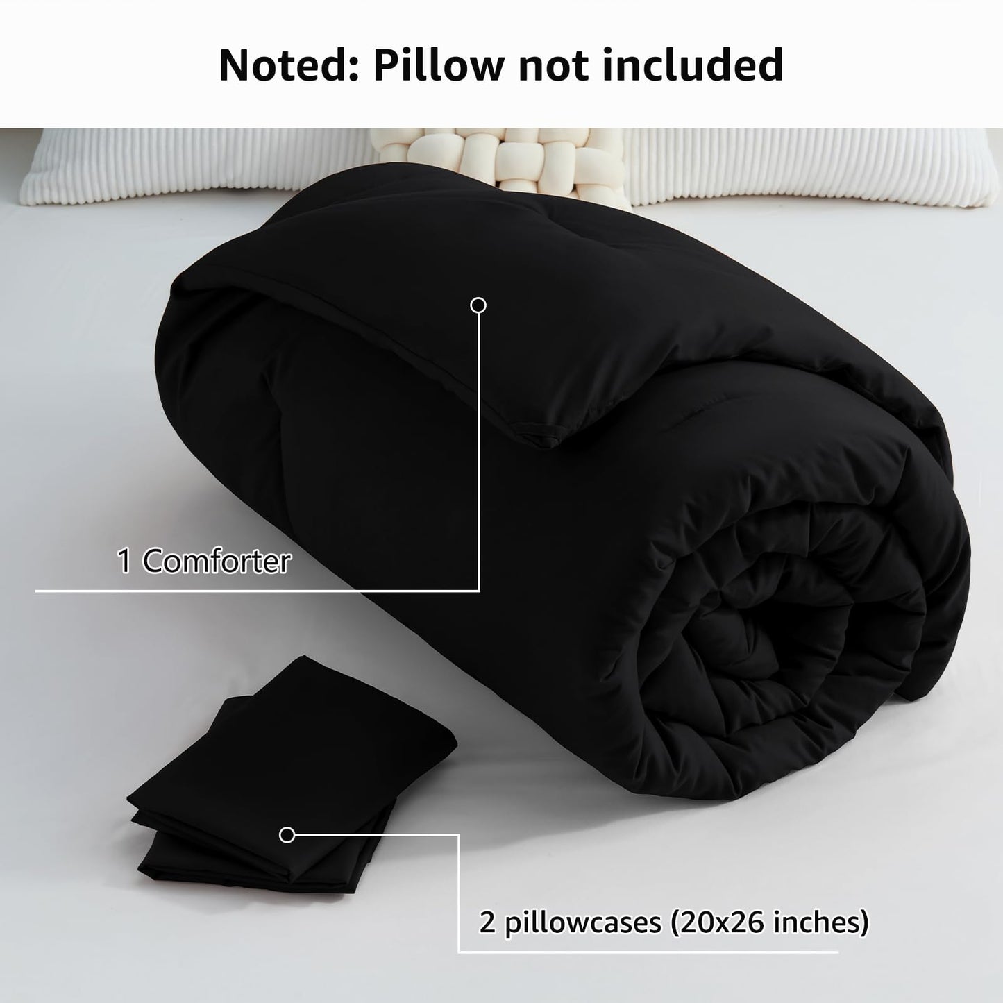 CozyLux Queen Comforter Set Black, 3 Pieces Solid Comforters Queen Size Breathable Quilted Bedding Sets, Luxury Soft Microfiber Down Alternative Comforter for All Season (1 Comforter & 2 Pillowcases)