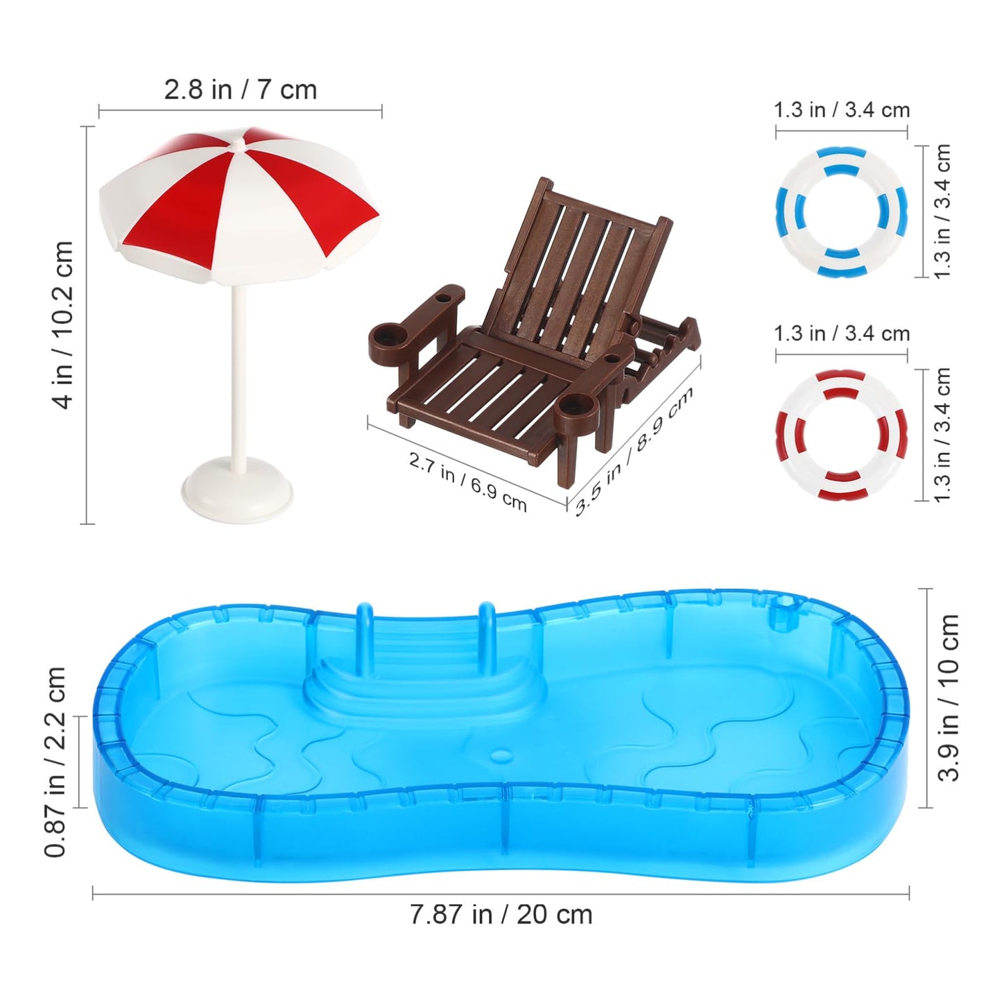 Angoily 1 12 Scale Miniature Dollhouse Swimming Pool Set with Swim Ring and Beach Chair Plastic Mini Toy Pool for Doll Accessories 7.87 X 3.54 X 0.79 Inches