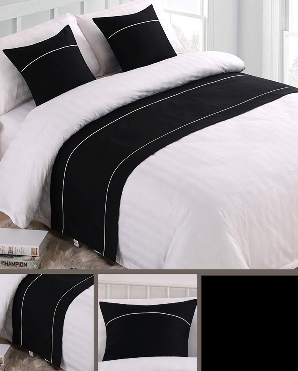 Mengersi Solid Color Soft No Fading Modern Bed Runner Bedding Scarf Protection for Bedroom Hotel Wedding Room (Full/Queen, Black)