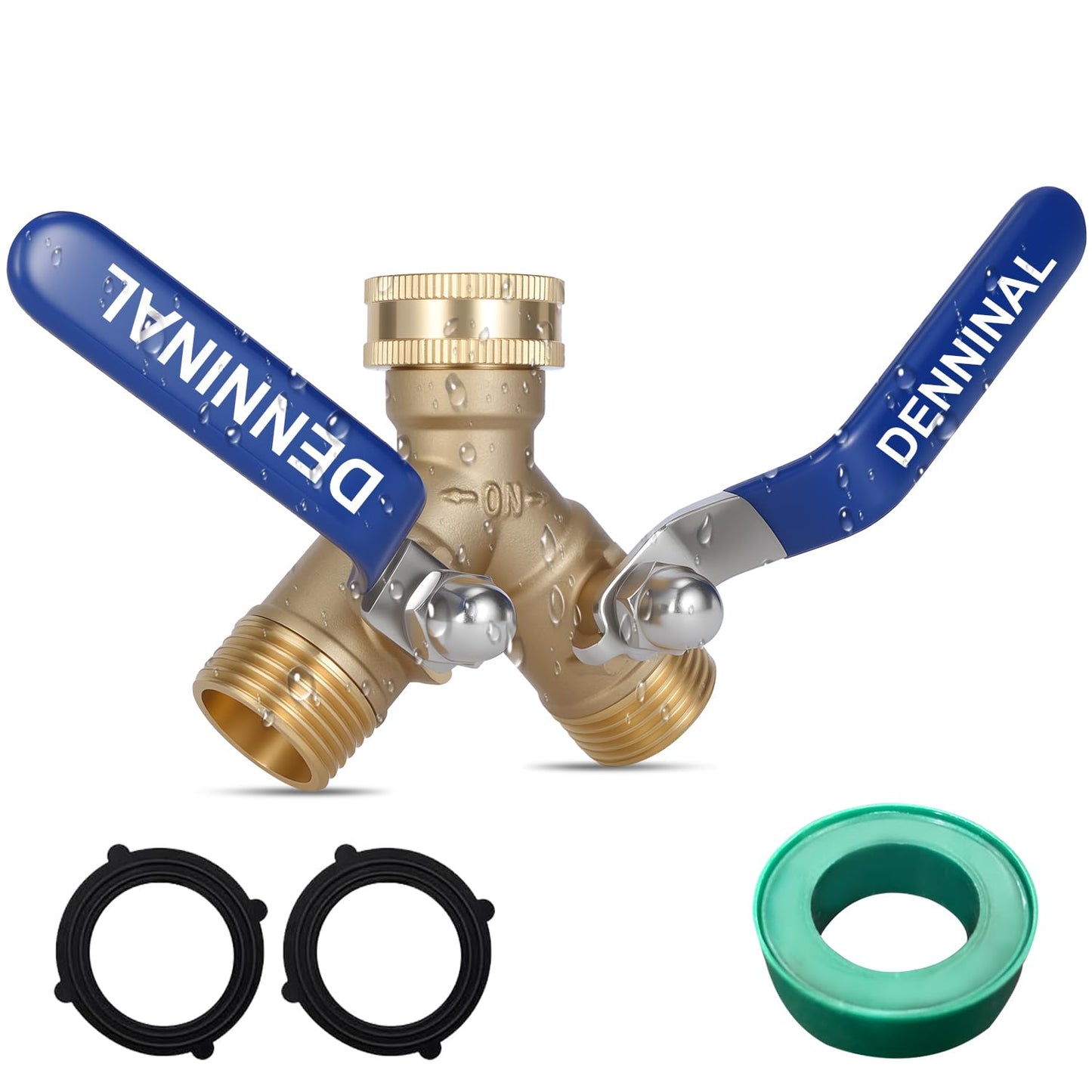 Denninal Brass Garden Hose Splitter 2 Way Heavy Duty with 304 Stainless Steel Long Handle, Outdoor Full Flow Hose Bib Splitter Connector, Y Valve 3/4 Inch GHT Thread