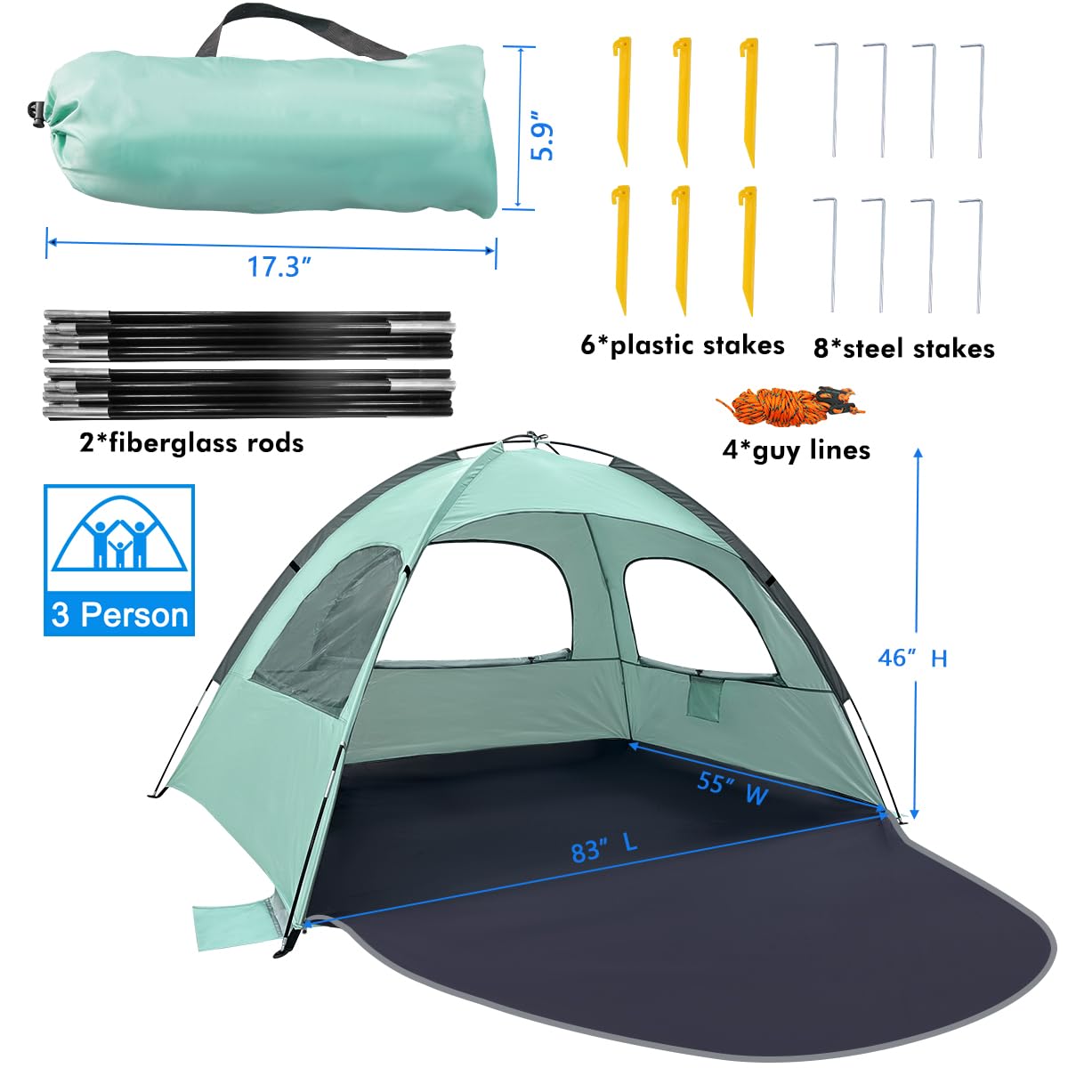 WhiteFang Beach Tent Anti-UV Portable Sun Shade Shelter for 3 Person, Extendable Floor with 3 Ventilating Mesh Windows Plus Carrying Bag, Stakes and Guy Lines (Mint Green)