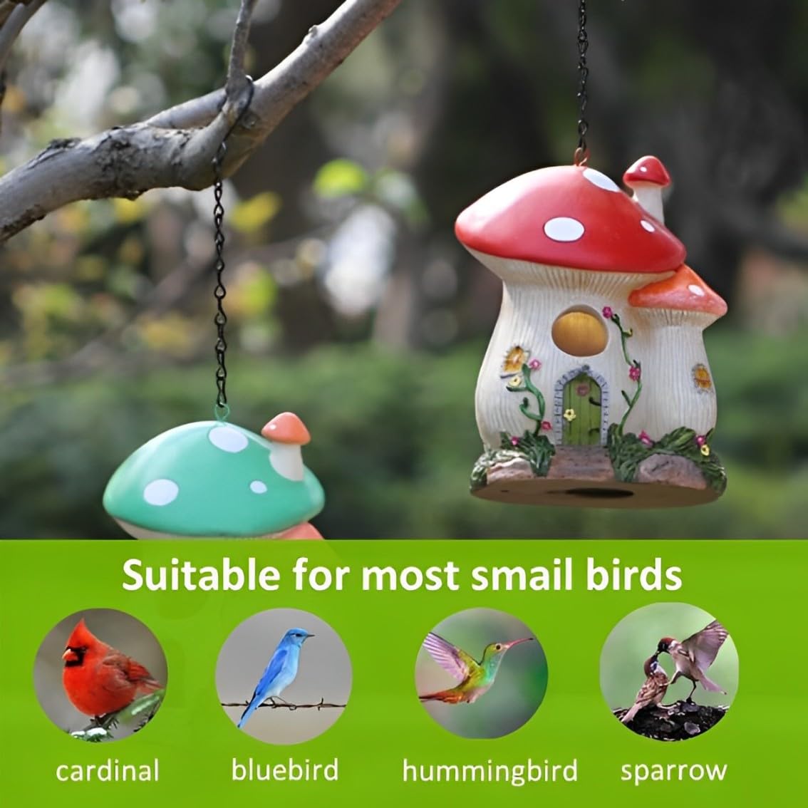 Bluebird Houses for Outside, Bird Houses for Outside, Mushroom Cute Resin Birdhouses for Outdoors, Weatherproof Courtyard Decorated Hanging Bird House, Nesting Bird House, Gift for Bird Lovers (Red)