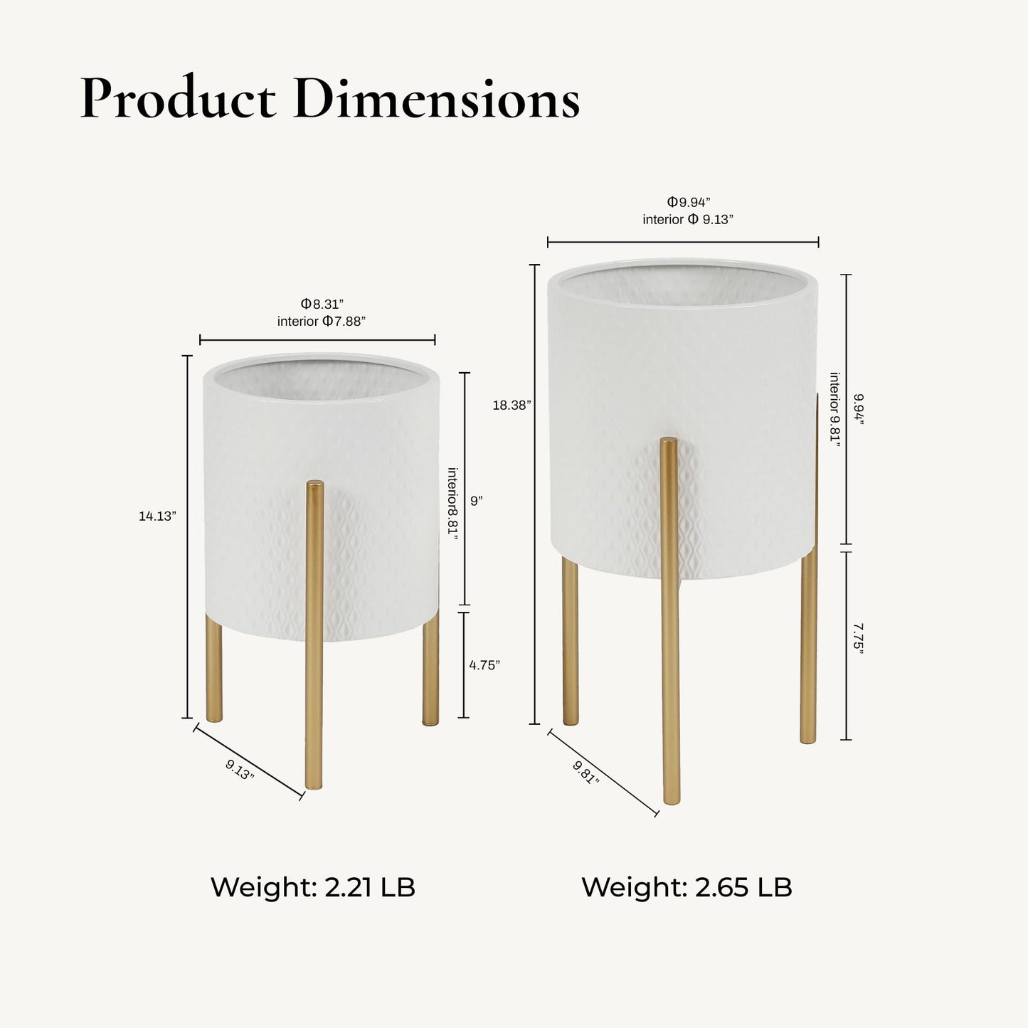 LuxenHome Planters for Indoor Plants, Set of 2 Indoor Plant Pots, White Planter with Gold Metal Stand, Luxury Flower Pots for Plants, Large Floor Plant Pot, NOT Waterproof