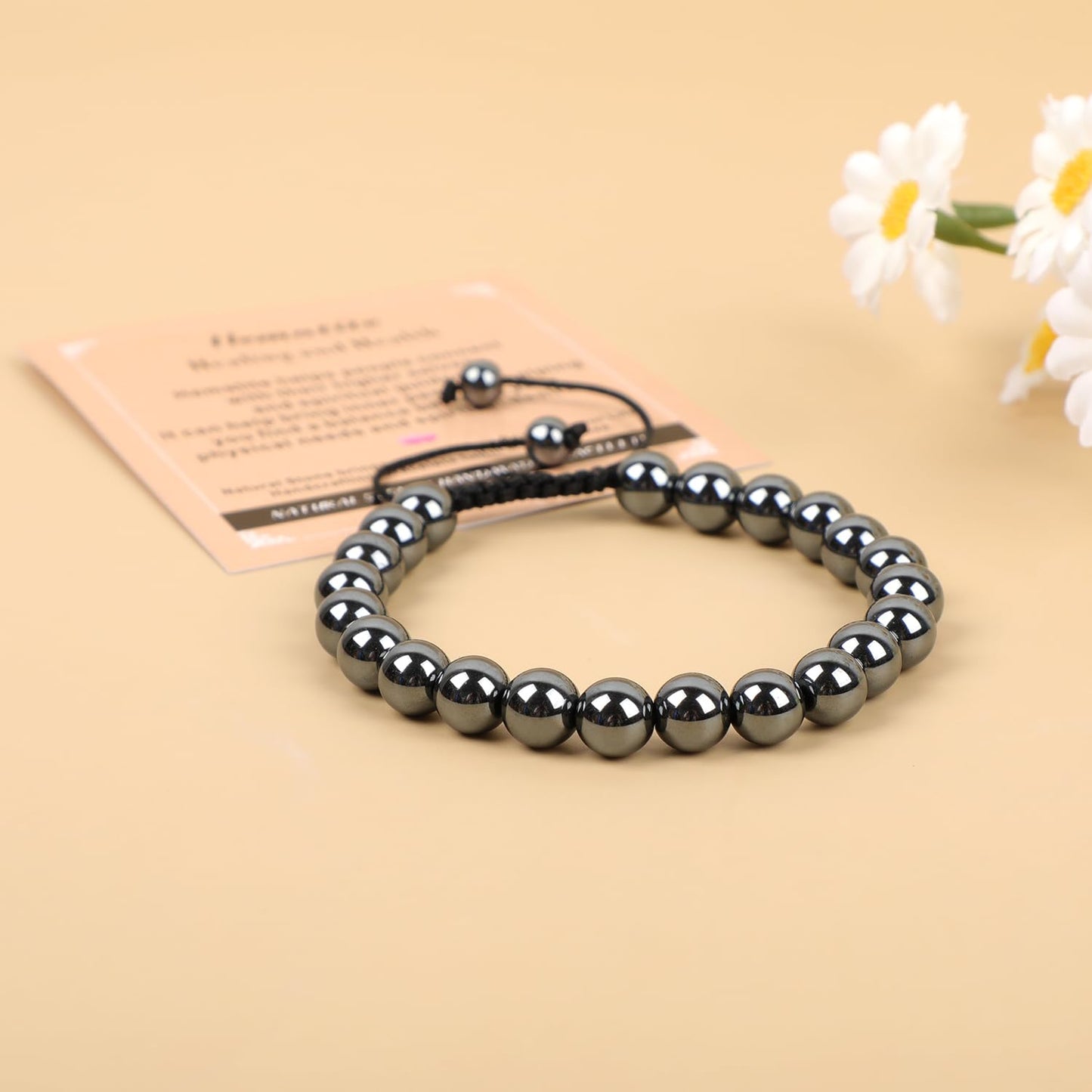 AD Beads 8mm Hematite - Healing and Health - Handmade Natural Stone Crystal Bracelet with Adjustable Macrame String - Yoga Healing Power Energy Gifts for Men and Women