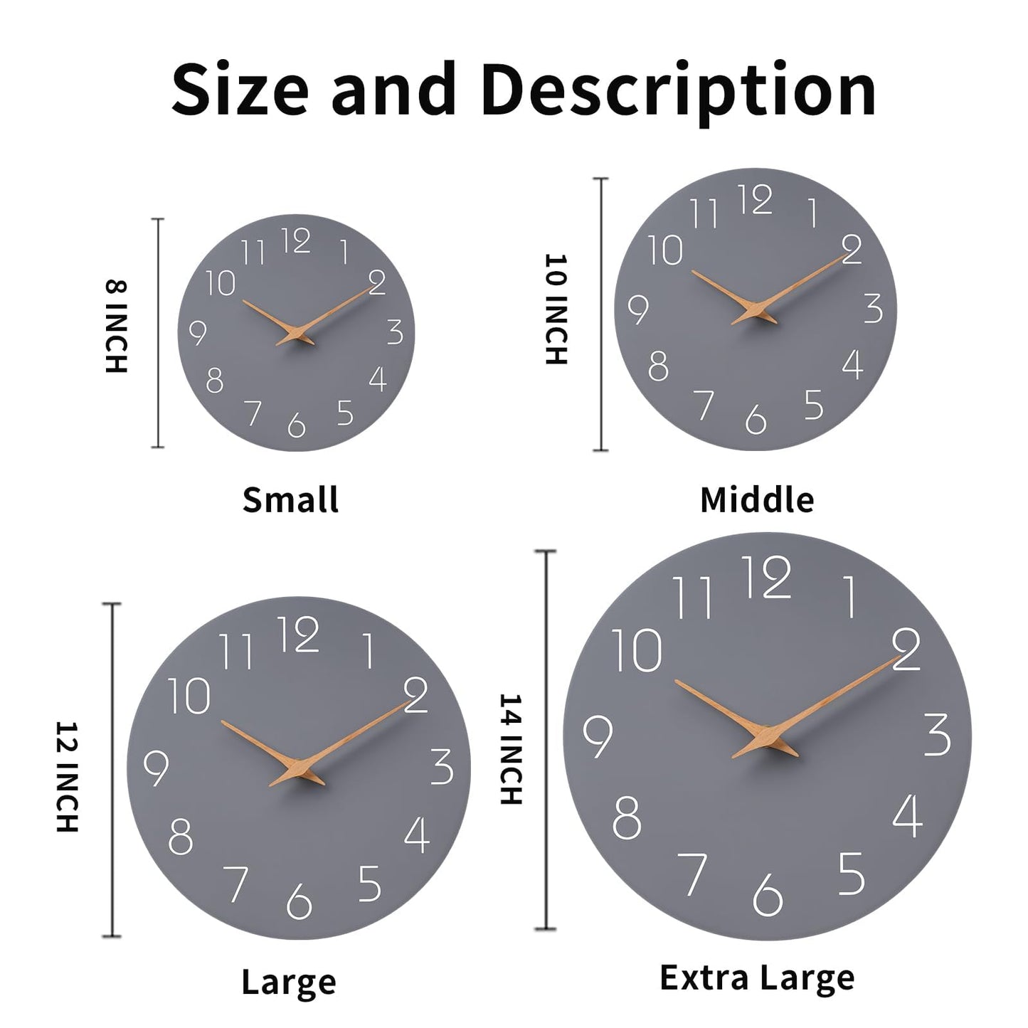 Mosewa Wall Clock 14 Inch Gray Battery Operated Silent Non Ticking Simple Modern Wood Clock Decorative for Bedroom Living Room Kitchen Home Office