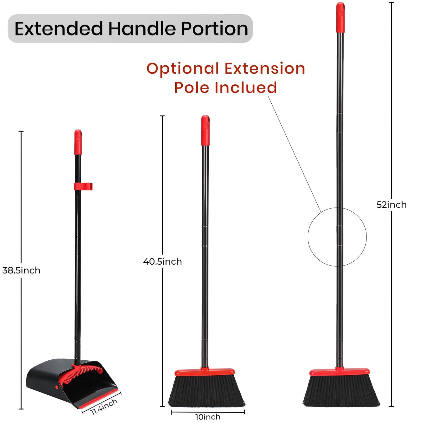 TreeLen Dust Pan and Broom/Dustpan Cleans Broom Combo with 52" Long Handle for Home Kitchen Room Office Lobby Floor Use Upright Stand Up Broom and Dustpan Set - Black/Red
